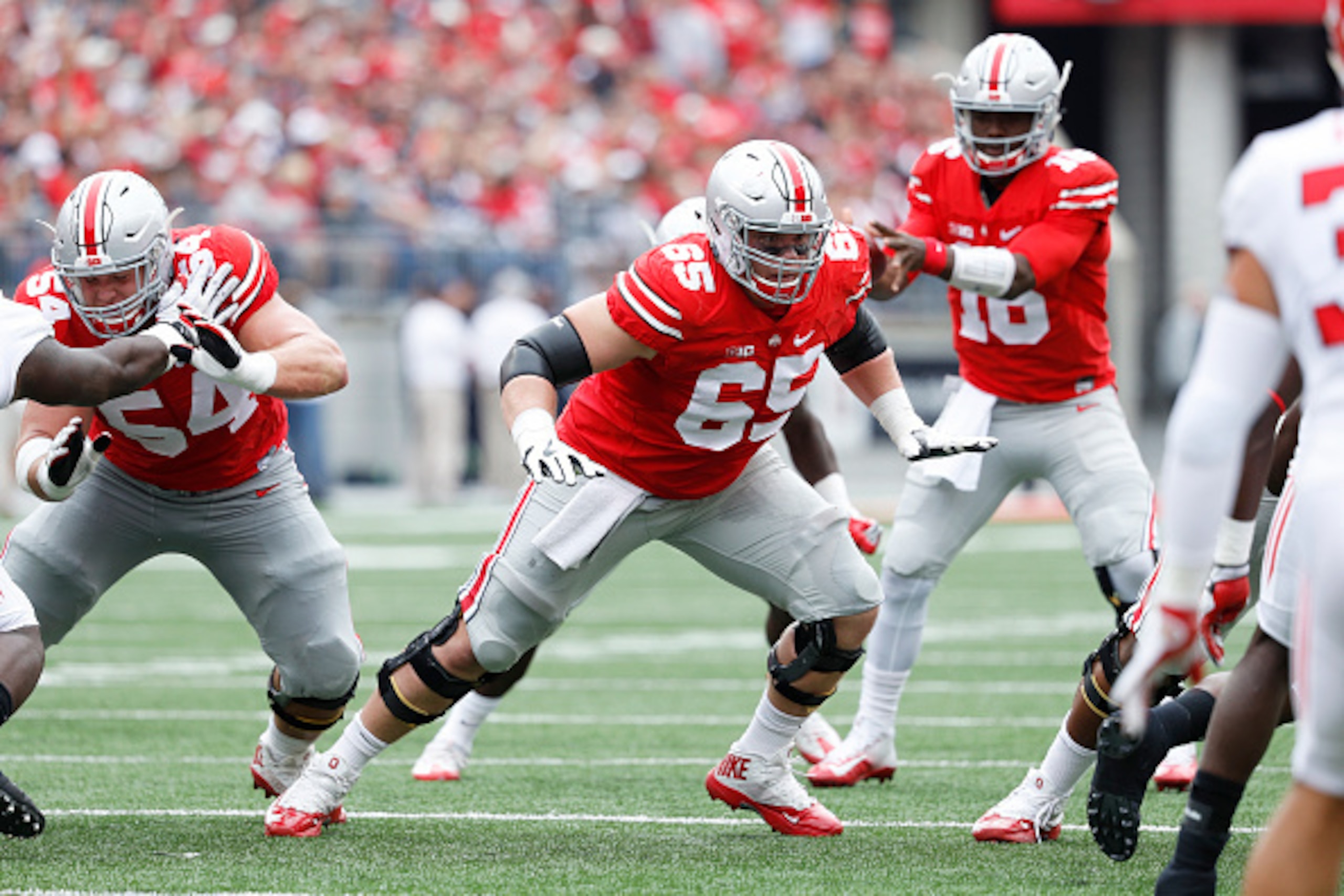 COLUMBUS, OH - OCTOBER 01: Pat Elflein #65 of the Ohio State Buckeyes in action against the Rutgers Scarlet Knights during the game at Ohio Stadium on October 1, 2016 in Columbus, Ohio. The Buckeyes defeated the Scarlet Knights 58-0. (Photo by Joe Robbins