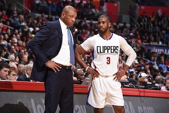 LOS ANGELES, CA - DECEMBER 7: Head Coach Doc Rivers and Chris Paul #3 of the LA Clippers are seen during the game against the Golden State Warriors on December 7, 2016 at STAPLES Center in Los Angeles, California. NOTE TO USER: User expressly acknowledges