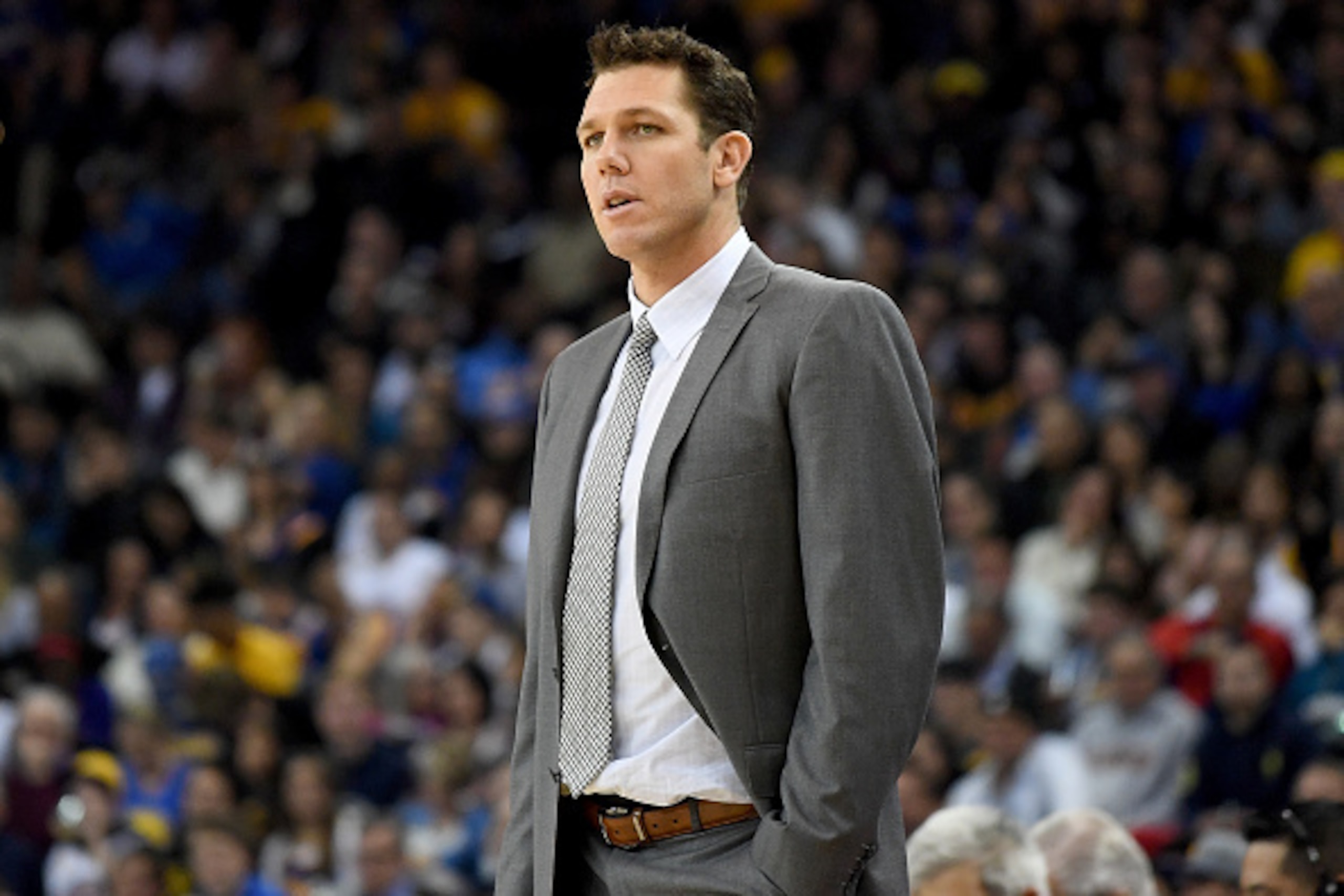 OAKLAND, CA - NOVEMBER 23:  Head coach Luke Walton of the Los Angeles Lakers looks on against the Golden State Warriors in the first half of their NBA basketball game at ORACLE Arena on November 23, 2016 in Oakland, California. NOTE TO USER: User expressl