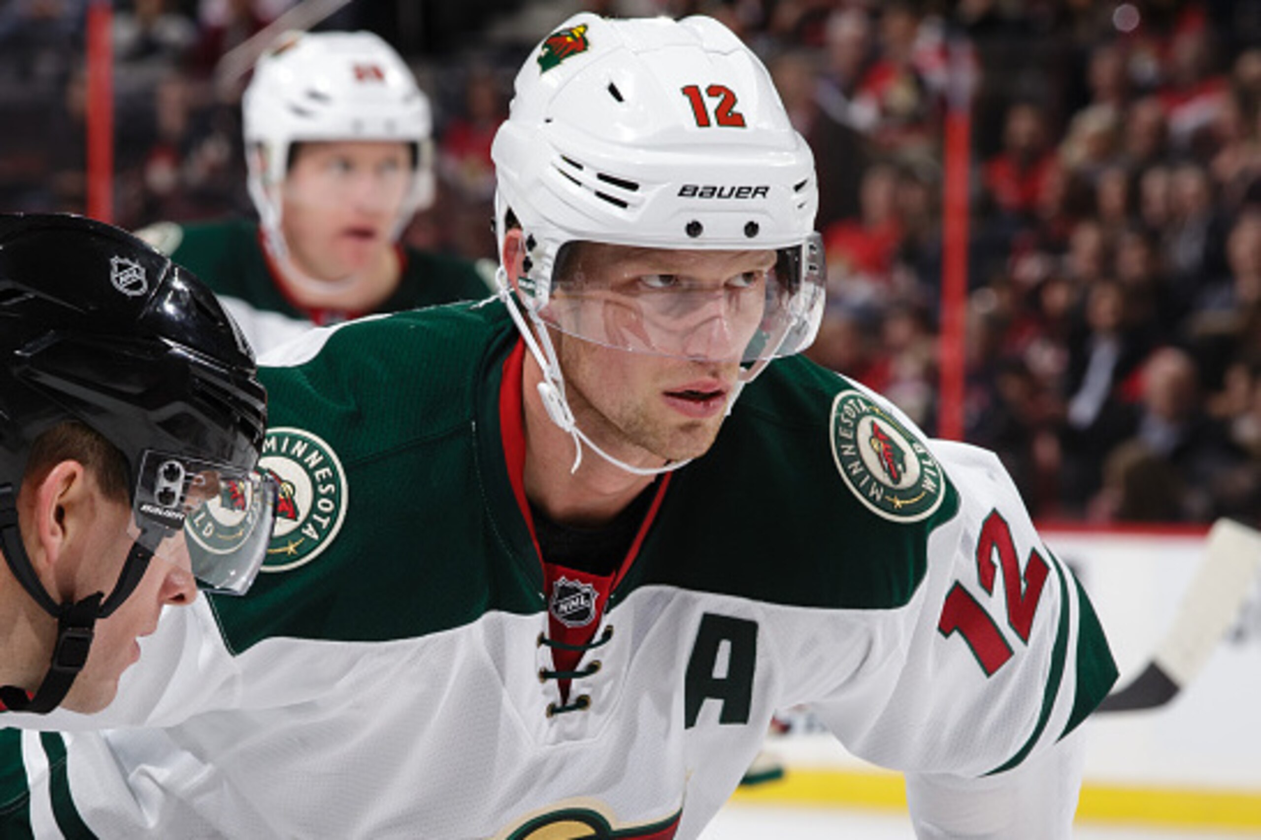 OTTAWA, ON - NOVEMBER 13: Eric Staal #12 of the Minnesota Wild prepares for a faceoff against the Ottawa Senators at Canadian Tire Centre on November 13, 2016 in Ottawa, Ontario, Canada.  (Photo by Jana Chytilova/Freestyle Photography/Getty Images) *** Lo