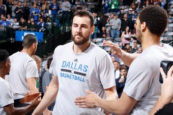 DALLAS, TX - NOVEMBER 30: Andrew Bogut #6 of the Dallas Mavericks enters the court before the game against the San Antonio Spurs on November 30, 2016 at the American Airlines Center in Dallas, Texas. NOTE TO USER: User expressly acknowledges and agrees th