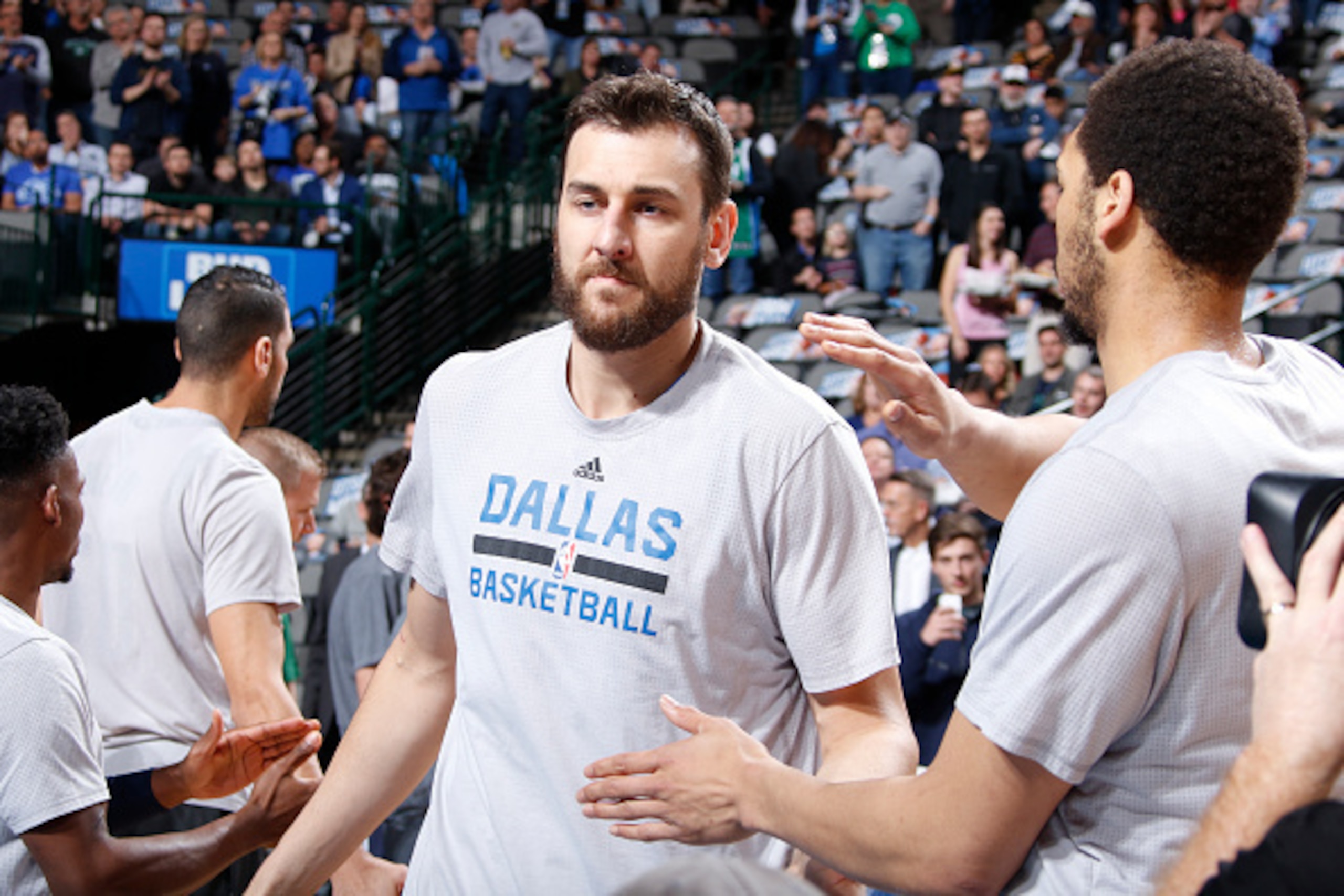 DALLAS, TX - NOVEMBER 30: Andrew Bogut #6 of the Dallas Mavericks enters the court before the game against the San Antonio Spurs on November 30, 2016 at the American Airlines Center in Dallas, Texas. NOTE TO USER: User expressly acknowledges and agrees th