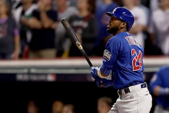 CLEVELAND, OH - NOVEMBER 02:  Dexter Fowler #24 of the Chicago Cubs hits a lead off home run in the first inning against the Cleveland Indians in Game Seven of the 2016 World Series at Progressive Field on November 2, 2016 in Cleveland, Ohio.  (Photo by E