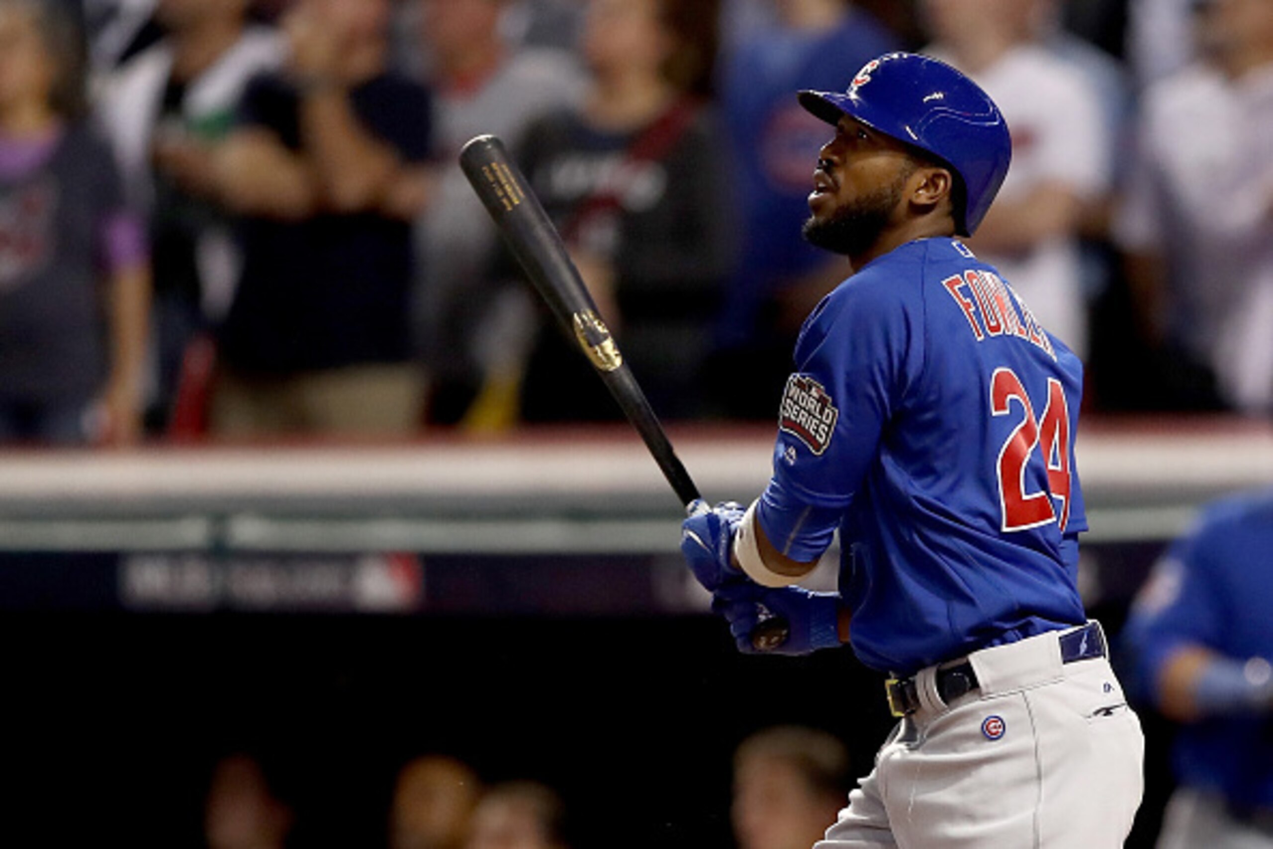 CLEVELAND, OH - NOVEMBER 02: Dexter Fowler #24 of the Chicago Cubs hits a lead off home run in the first inning against the Cleveland Indians in Game Seven of the 2016 World Series at Progressive Field on November 2, 2016 in Cleveland, Ohio. (Photo by E CLEVELAND, OH - NOVEMBER 02: Dexter Fowler #24 of the Chicago Cubs hits a lead off home run in the first inning against the Cleveland Indians in Game Seven of the 2016 World Series at Progressive Field on November 2, 2016 in Cleveland, Ohio. (Photo by E