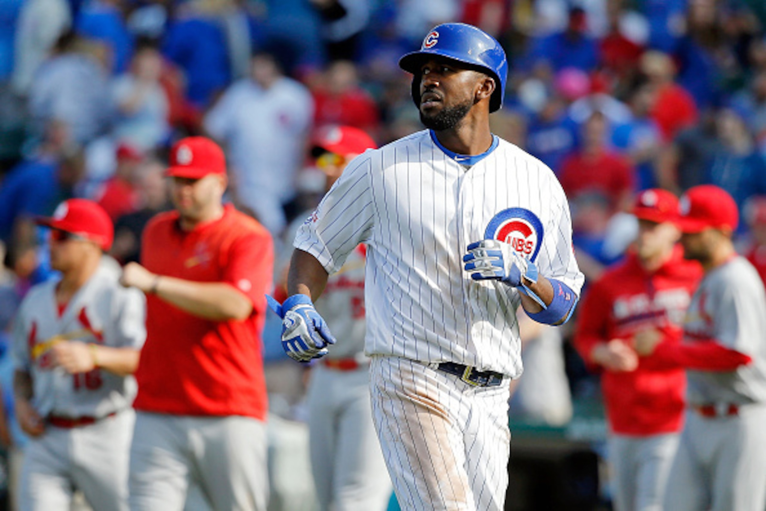 CHICAGO, IL - SEPTEMBER 24: Dexter Fowler #24 of the Chicago Cubs watches the replay after flying out for the final out of the game in their loss to the St. Louis Cardinals at Wrigley Field on September 24, 2016 in Chicago, Illinois. The St. Louis Cardina CHICAGO, IL - SEPTEMBER 24: Dexter Fowler #24 of the Chicago Cubs watches the replay after flying out for the final out of the game in their loss to the St. Louis Cardinals at Wrigley Field on September 24, 2016 in Chicago, Illinois. The St. Louis Cardina