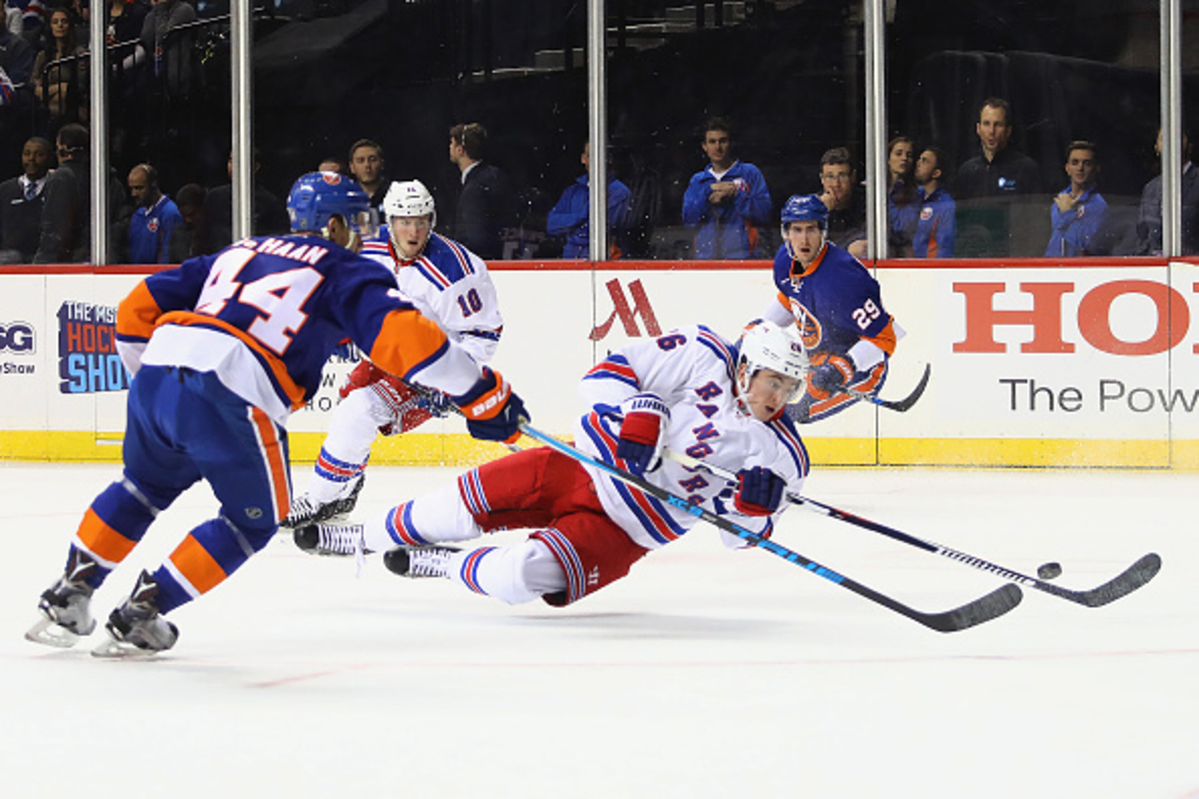 NEW YORK, NY - DECEMBER 06: Jimmy Vesey #26 of the New York Rangers gets the first period shot off against the New York Islanders at the Barclays Center on December 6, 2016 in the Brooklyn borough of New York City.  (Photo by Bruce Bennett/Getty Images)