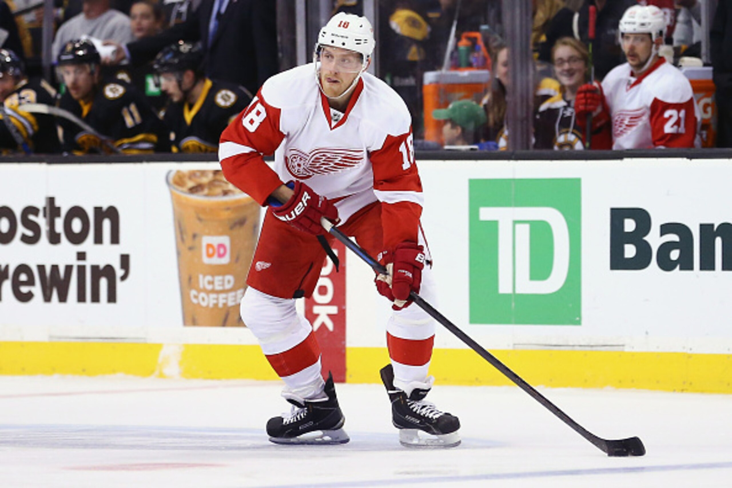 BOSTON, MA - NOVEMBER 14:  Joakim Andersson #18 of the Detroit Red Wings skates against the Boston Bruins during the first period at TD Garden on November 14, 2015 in Boston, Massachusetts.  (Photo by Maddie Meyer/Getty Images)