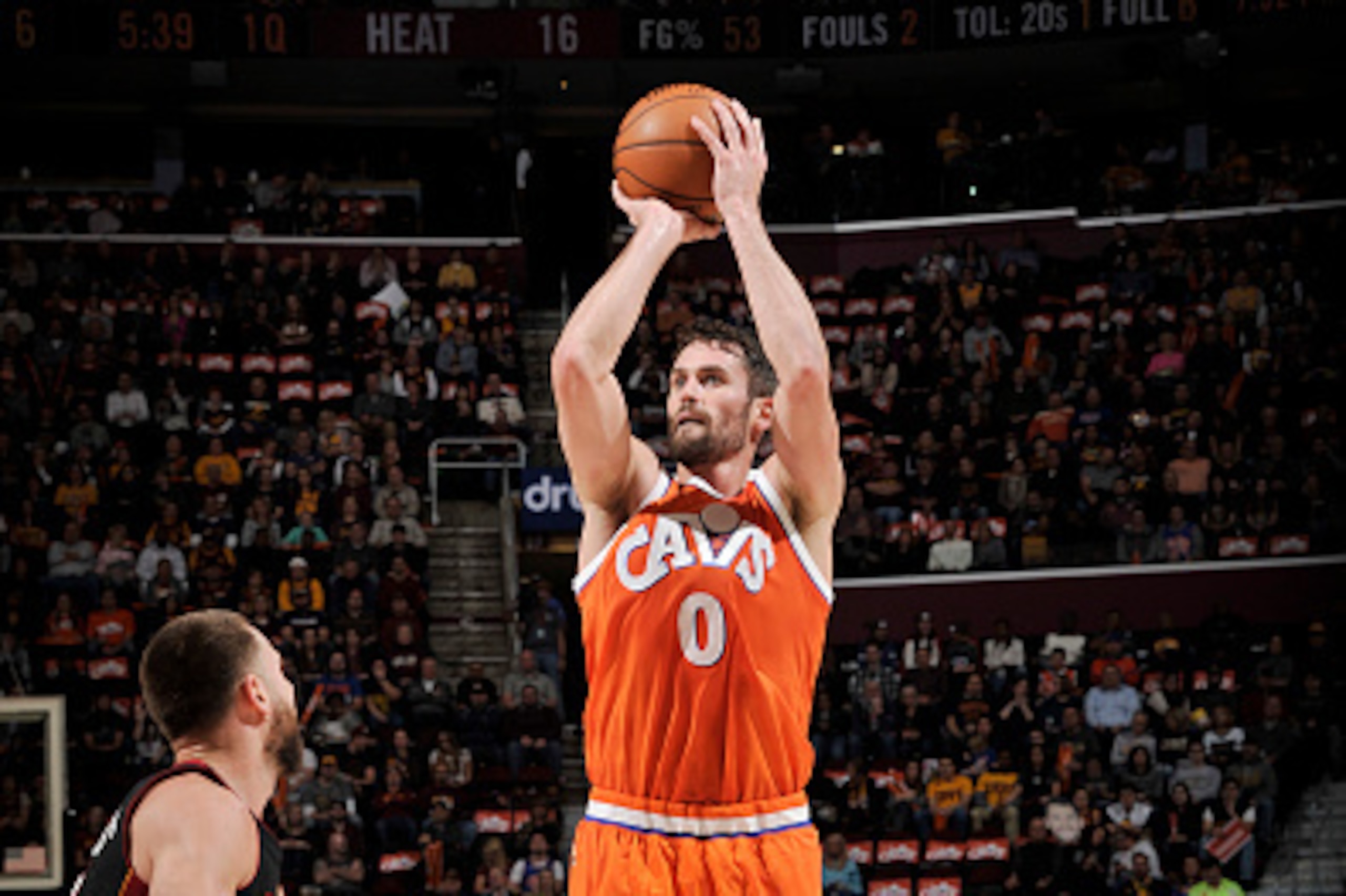 CLEVELAND, OH - DECEMBER 9:  Kevin Love #0 of the Cleveland Cavaliers shoots the ball against the Miami Heat during the game on December 9, 2016 at Quicken Loans Arena in Cleveland, Ohio. NOTE TO USER: User expressly acknowledges and agrees that, by downl