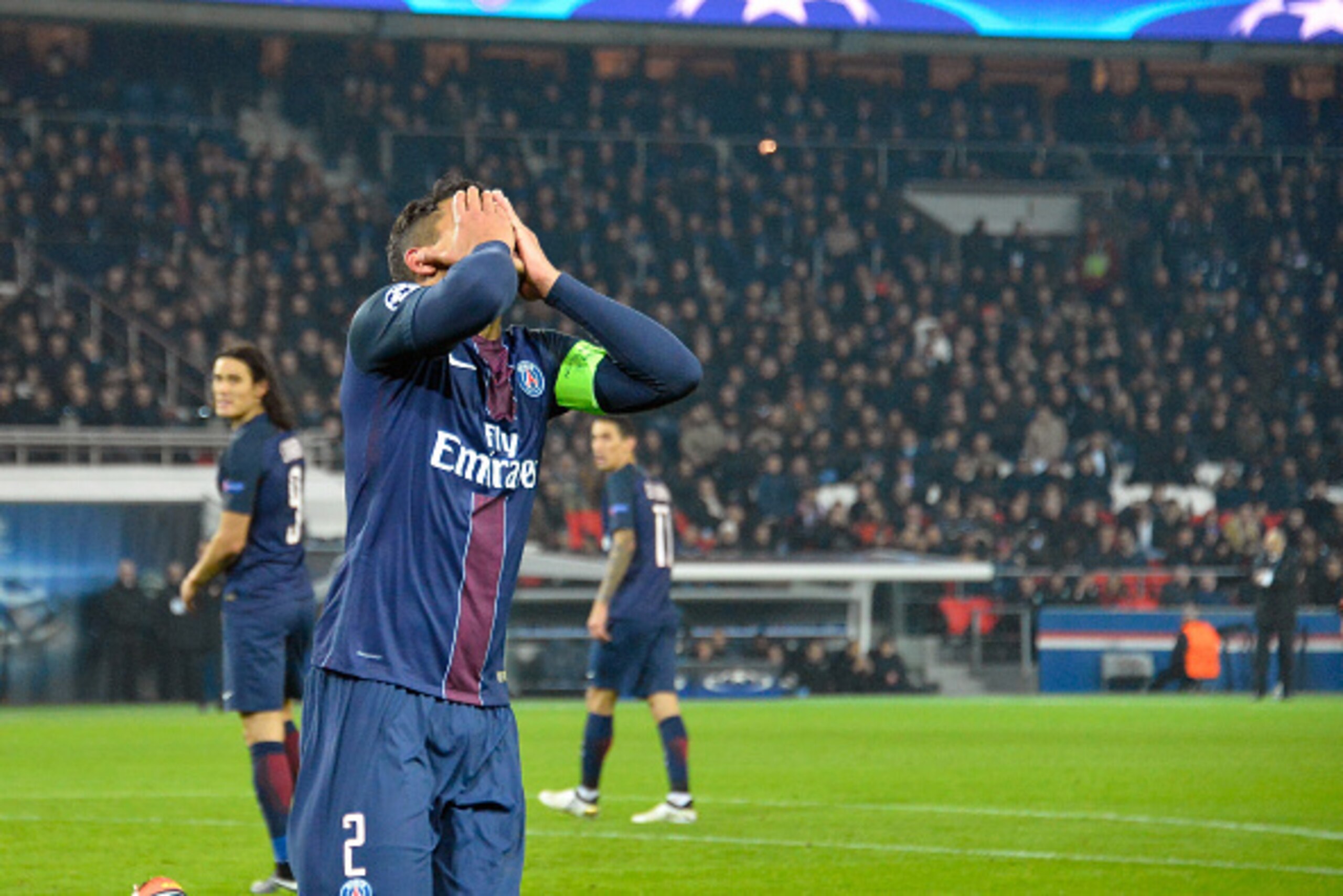 PARIS, FRANCE - DECEMBER 06:  Thiago Silva of Paris Saint-Germain reacts after he missed a shot on goal during the UEFA Champions League match between Paris Saint-Germain and FC Ludogorets Razgrad at Parc des Princes on December 6, 2016 in Paris.  (Photo 