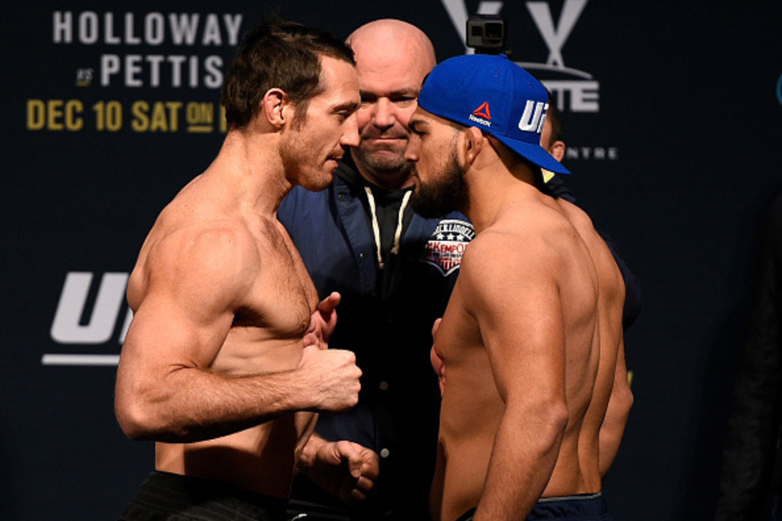 TORONTO, CANADA - DECEMBER 09:  (L-R) Opponents Tim Kennedy and Kelvin Gastelum face off during the UFC 206 weigh-in inside the Air Canada Centre on December 9, 2016 in Toronto, Ontario, Canada. (Photo by Jeff Bottari/Zuffa LLC/Zuffa LLC via Getty Images)