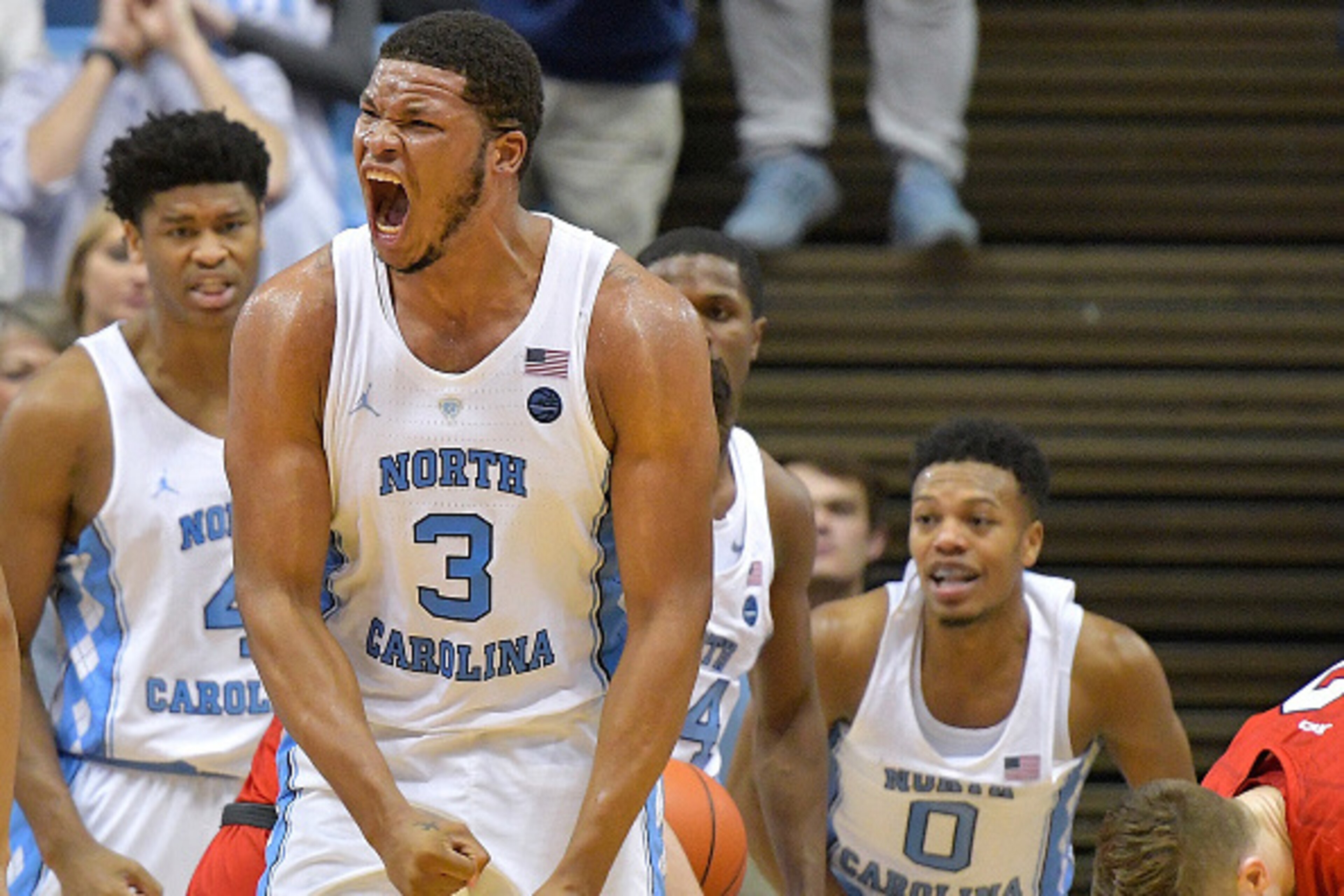 CHAPEL HILL, NC - DECEMBER 07:  Kennedy Meeks #3 of the North Carolina Tar Heels reacts during the closing seconds of a win against the Davidson Wildcats at the Dean Smith Center on December 7, 2016 in Chapel Hill, North Carolina. North Carolina won 83-74