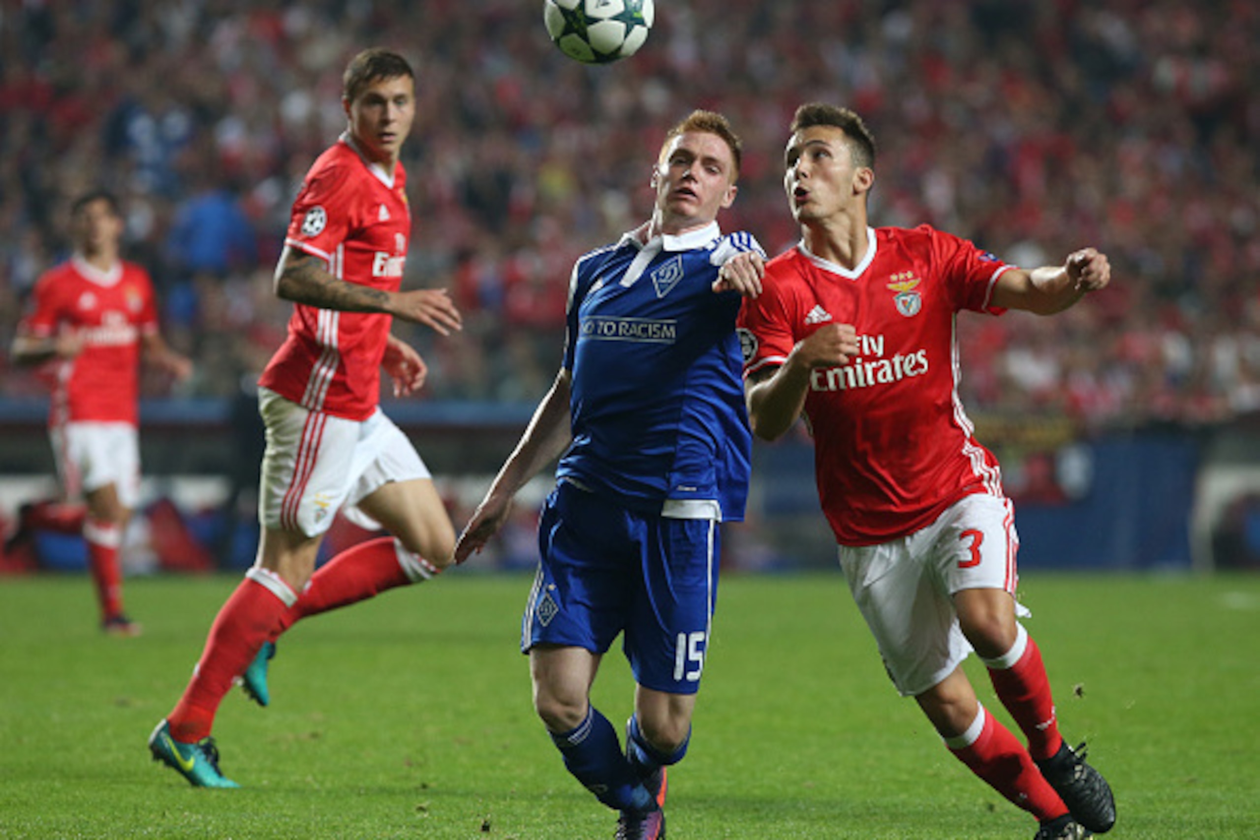 LISBON, PORTUGAL - NOVEMBER 1: SL Benfica's defender from Spain Alex Grimaldo (R) with FC Dynamo Kyiv's forward Viktor Tsygankov from Ukraine (L) in action during the UEFA Champions League match between SL Benfica and FC Dynamo Kyiv at Estadio da Luz on N LISBON, PORTUGAL - NOVEMBER 1: SL Benfica's defender from Spain Alex Grimaldo (R) with FC Dynamo Kyiv's forward Viktor Tsygankov from Ukraine (L) in action during the UEFA Champions League match between SL Benfica and FC Dynamo Kyiv at Estadio da Luz on N