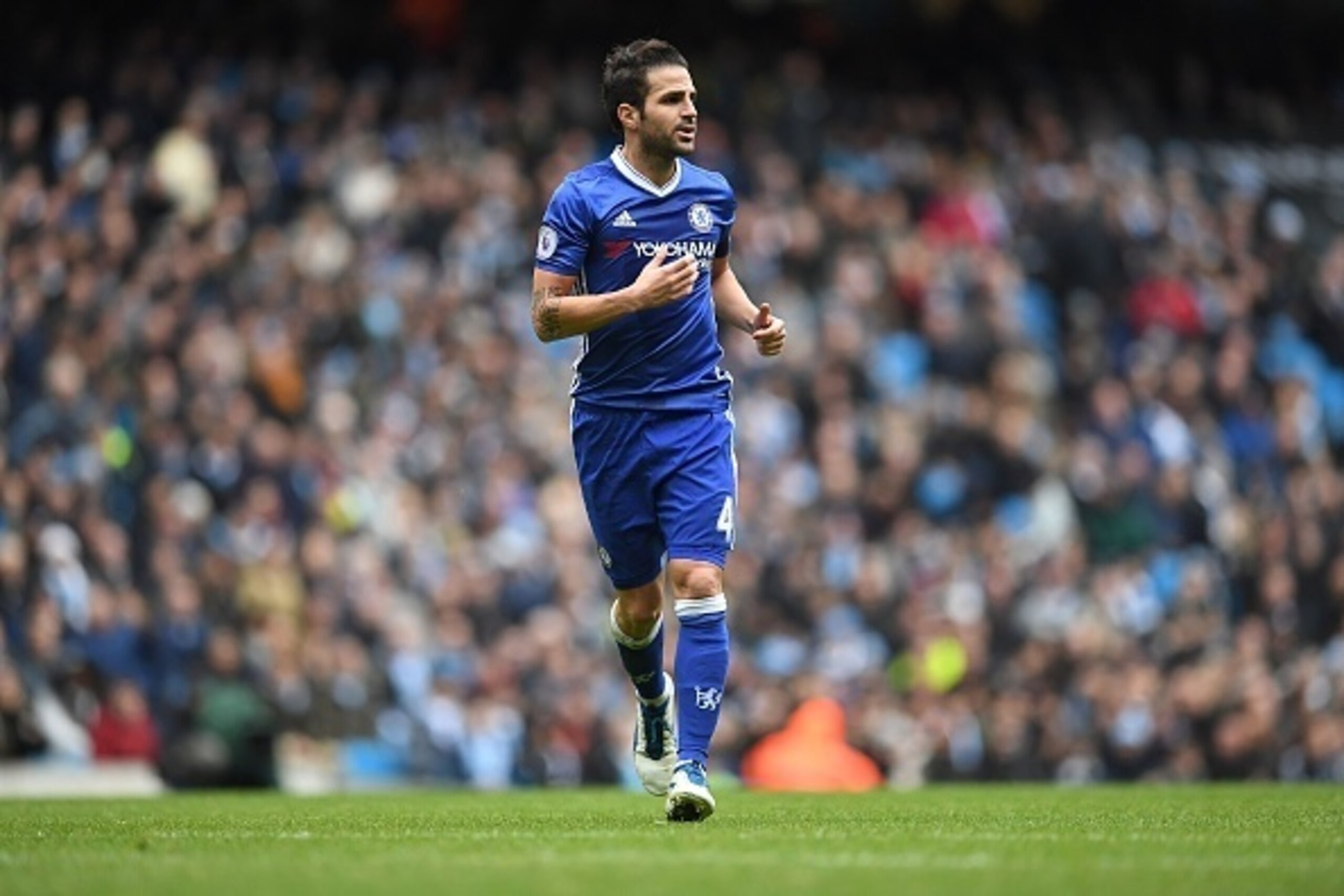 Chelsea's Spanish midfielder Cesc Fabregas runs during the English Premier League football match between Manchester City and Chelsea at the Etihad Stadium in Manchester, north west England, on December 3, 2016. / AFP / Paul ELLIS / RESTRICTED TO EDITORIAL