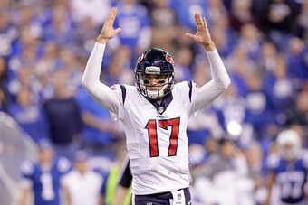 INDIANAPOLIS, IN - DECEMBER 11:  Quarterback Brock Osweiler #17 of the Houston Texans celebrates after a touchdown in the second quarter of the game against the Indianapolis Colts at Lucas Oil Stadium on December 11, 2016 in Indianapolis, Indiana.  (Photo