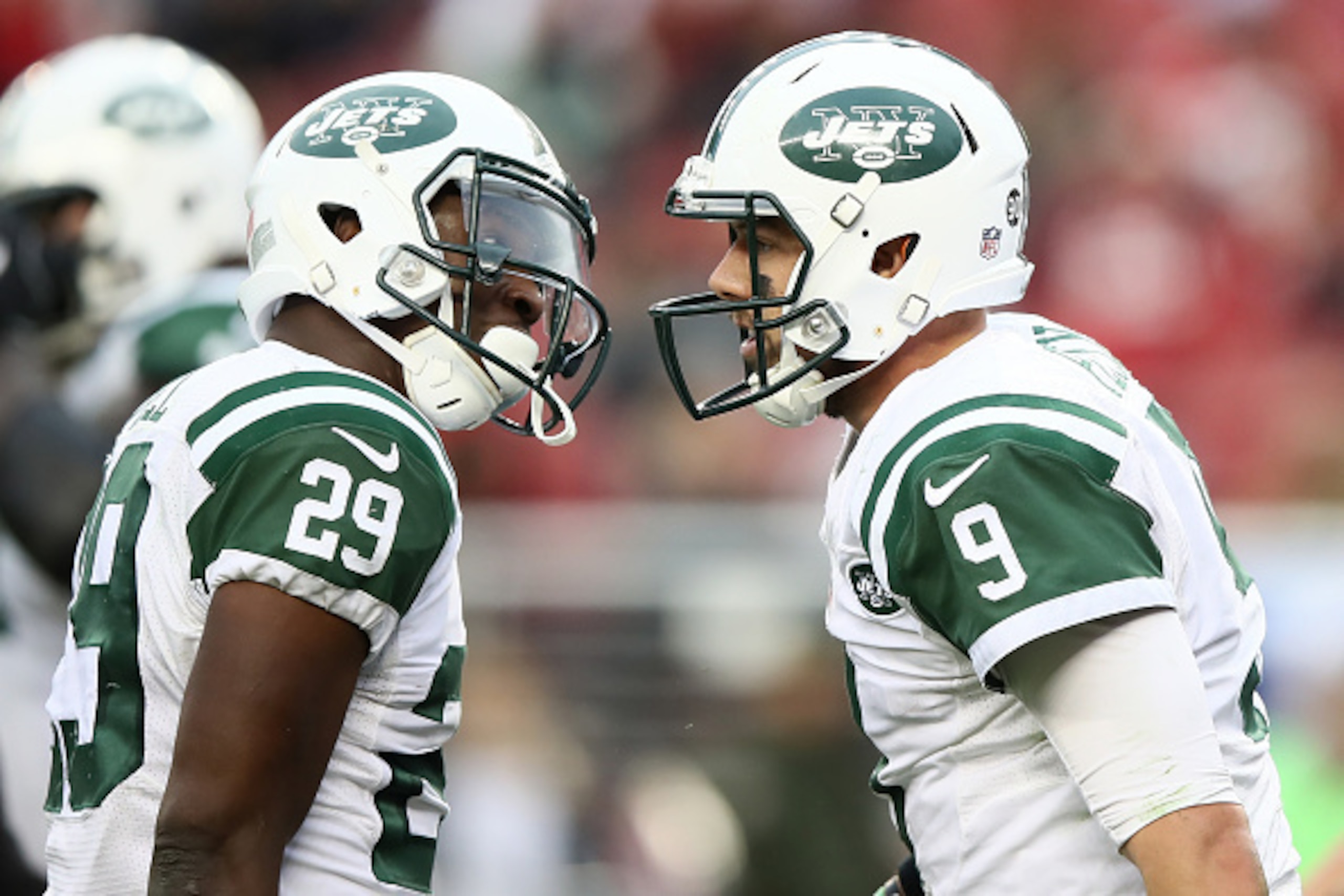 SANTA CLARA, CA - DECEMBER 11:  Bryce Petty #9 of the New York Jets celebrates with Bilal Powell #29 after a two-point conversion against the San Francisco 49ers during their NFL game at Levi's Stadium on December 11, 2016 in Santa Clara, California.  (Ph