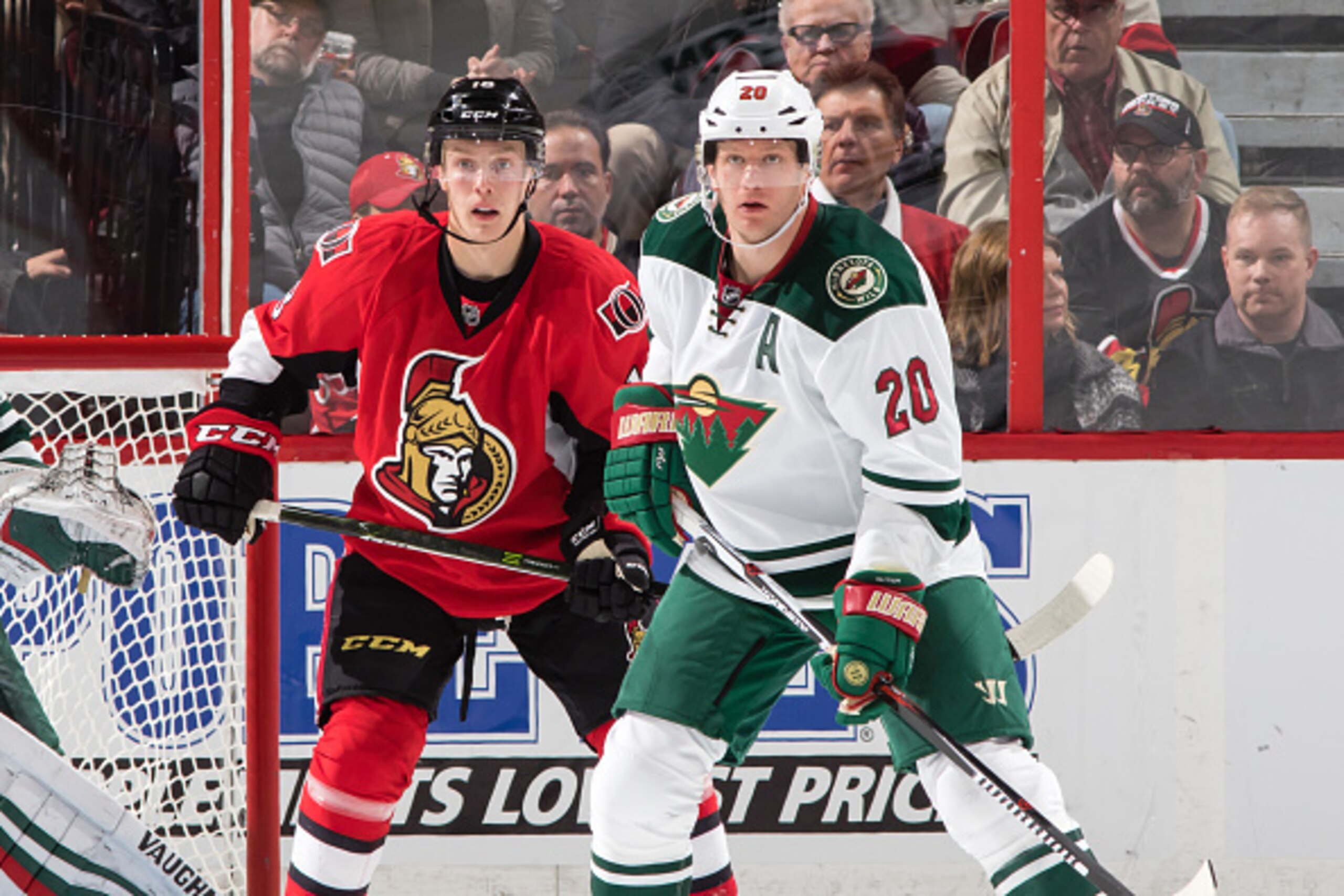 OTTAWA, ON - NOVEMBER 13: Ryan Suter #20 of the Minnesota Wild defends against Ryan Dzingel #18 of the Ottawa Senators at Canadian Tire Centre on November 13, 2016 in Ottawa, Ontario, Canada.  (Photo by Jana Chytilova/Freestyle Photography/Getty Images) *