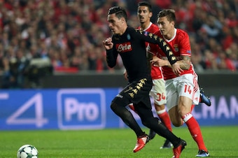 Swedish centre-back Victor Lindelof chasing Napoli's Jose Callejon on Matchday 6 of the group stage.