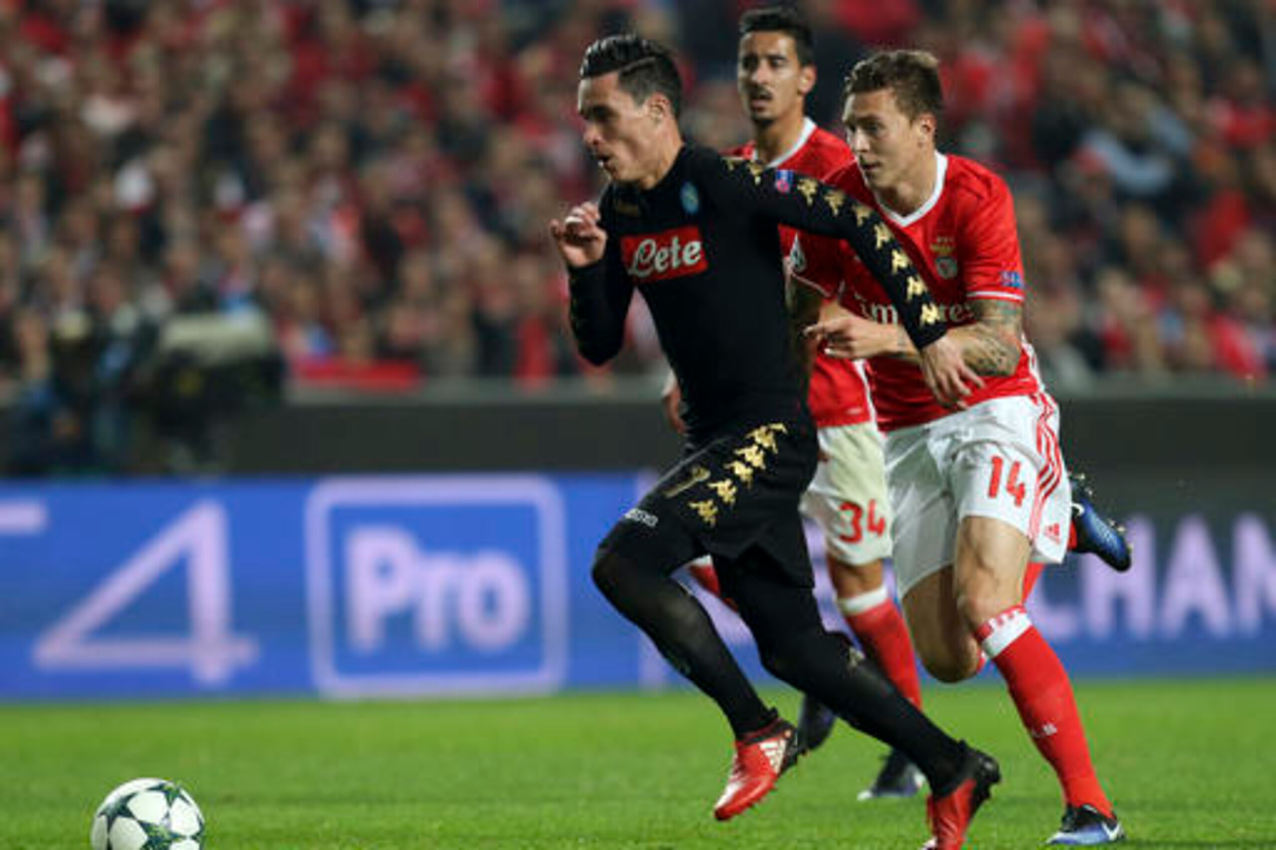 Swedish centre-back Victor Lindelof chasing Napoli's Jose Callejon on Matchday 6 of the group stage.