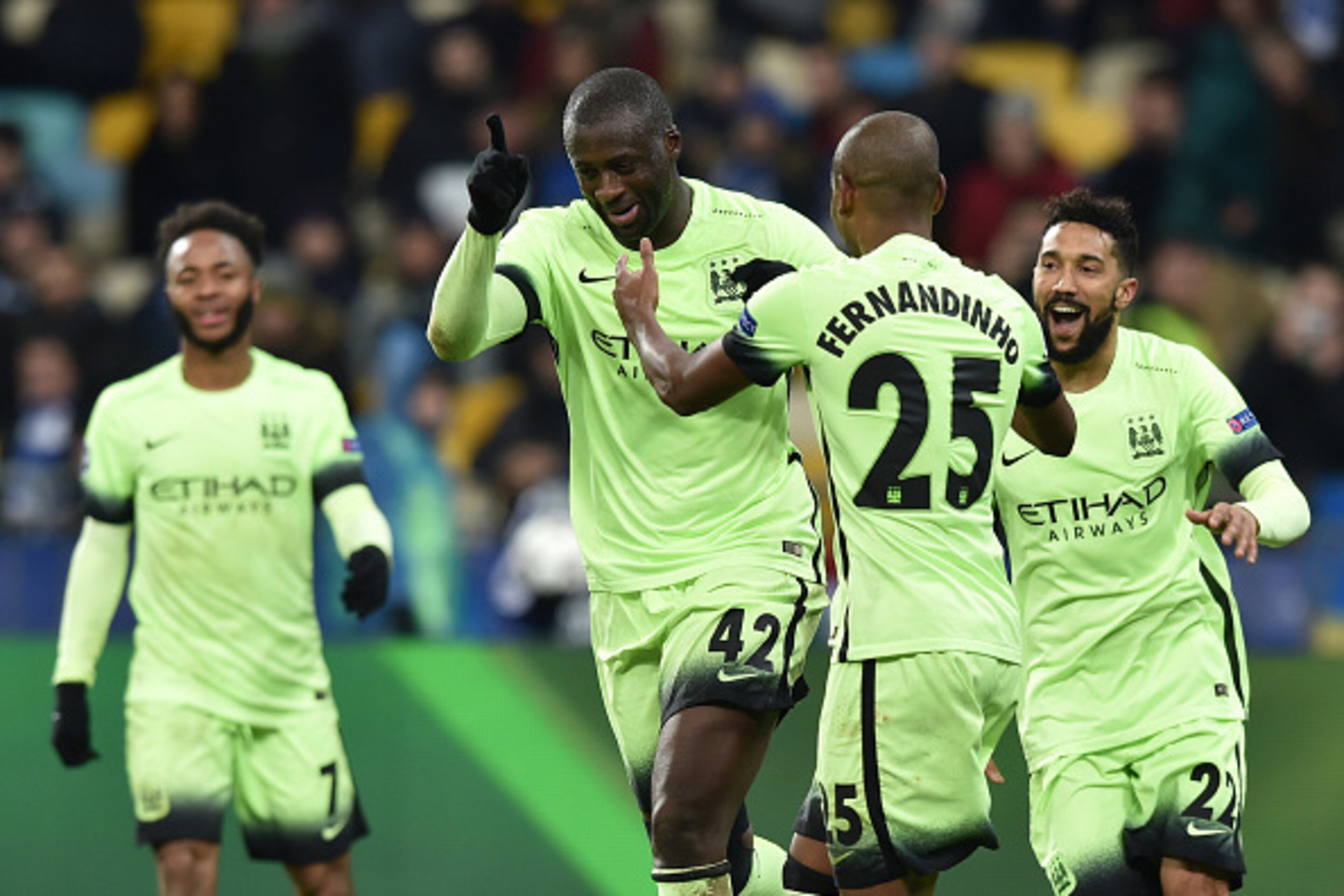 Manchester City's Ivorian midfielder Yaya Toure celebrates after scoring during the UEFA Champions league round of 16, first leg, football match FC Dynamo Kyiv vs Manchester City  FC at the NSC Olimpiski stadium in Kiev on February 24, 2016.  AFP PHOTO / 