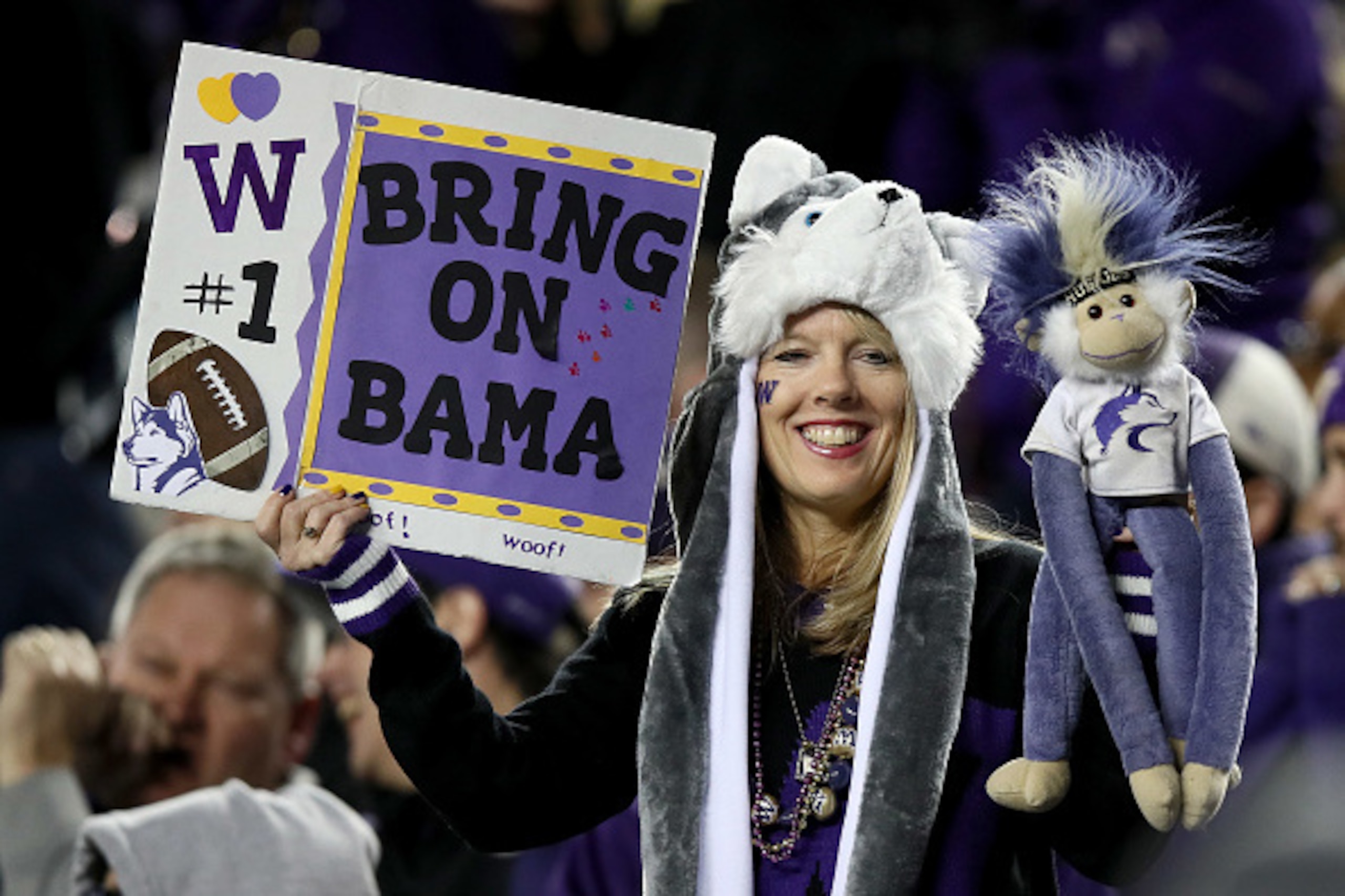 SANTA CLARA, CA - DECEMBER 02:  A Washington Huskies fan holds up a sign during their victory over Colorado Buffaloes during the Pac-12 Championship game at Levi's Stadium on December 2, 2016 in Santa Clara, California.  (Photo by Robert Reiners/Getty Ima