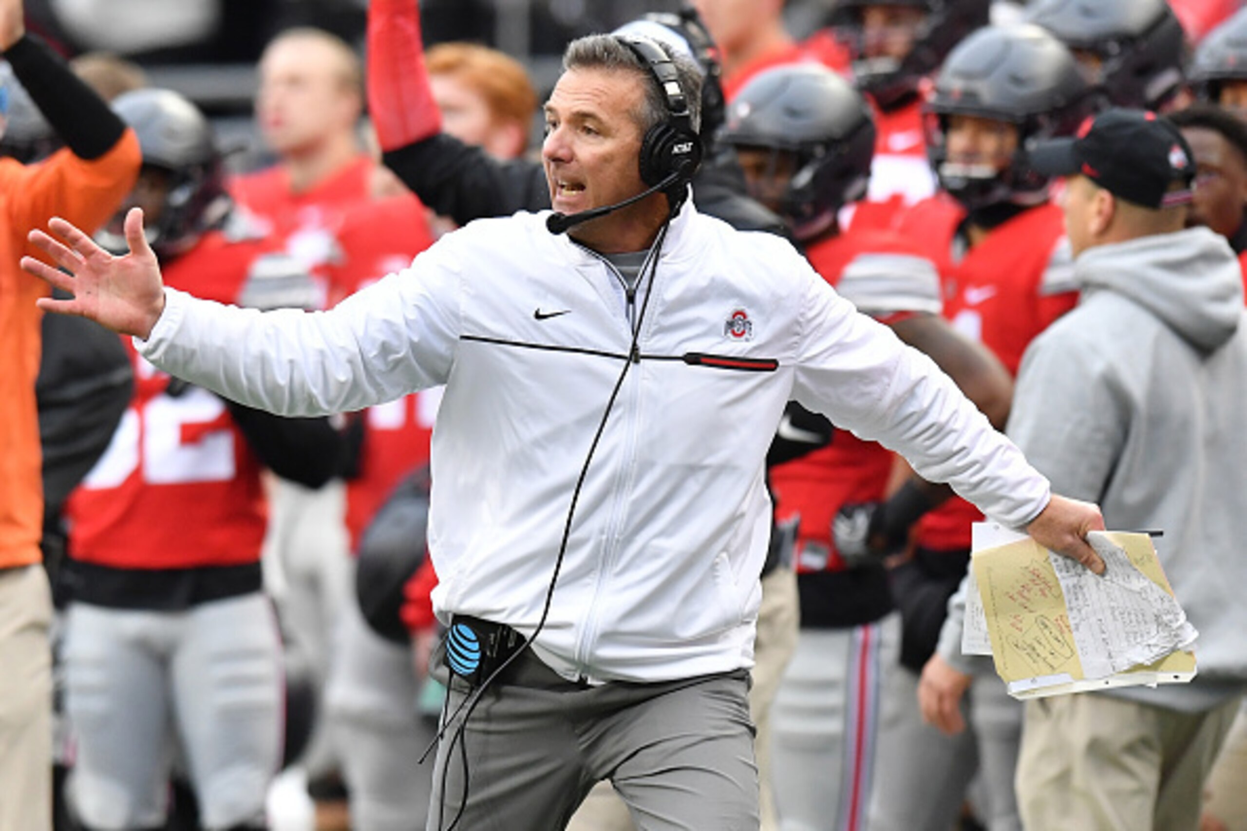 COLUMBUS, OH - NOVEMBER 26:   Head coach Urban Meyer of the Ohio State Buckeyes reacts on the sideline during overtime of the game against the Michigan Wolverines at Ohio Stadium on November 26, 2016 in Columbus, Ohio.  (Photo by Jamie Sabau/Getty Images)