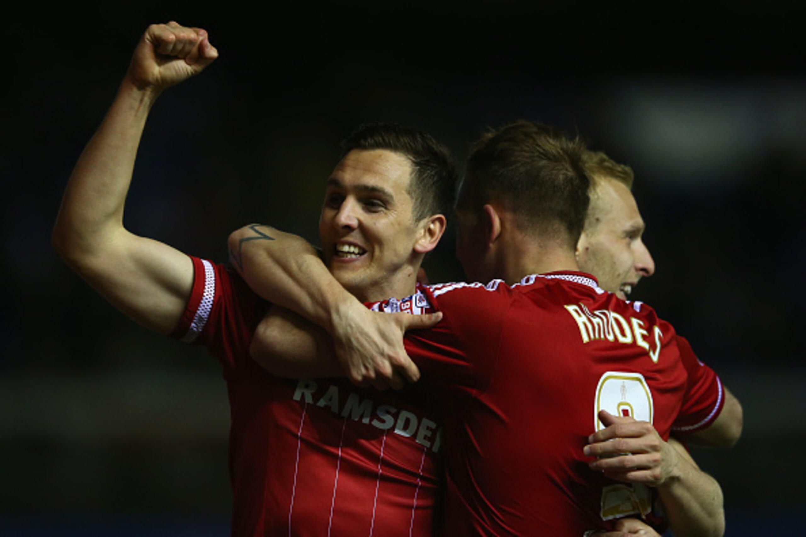 BIRMINGHAM, ENGLAND - APRIL 29:  Grant Leadbitter, Stewart Downing and Jordan Rhodes of Middlesbrough celebrate their ides second goal during the Sky Bet Championship match between Birmingham City and Middlesbrough at St Andrews on April 29, 2016 in Birmi