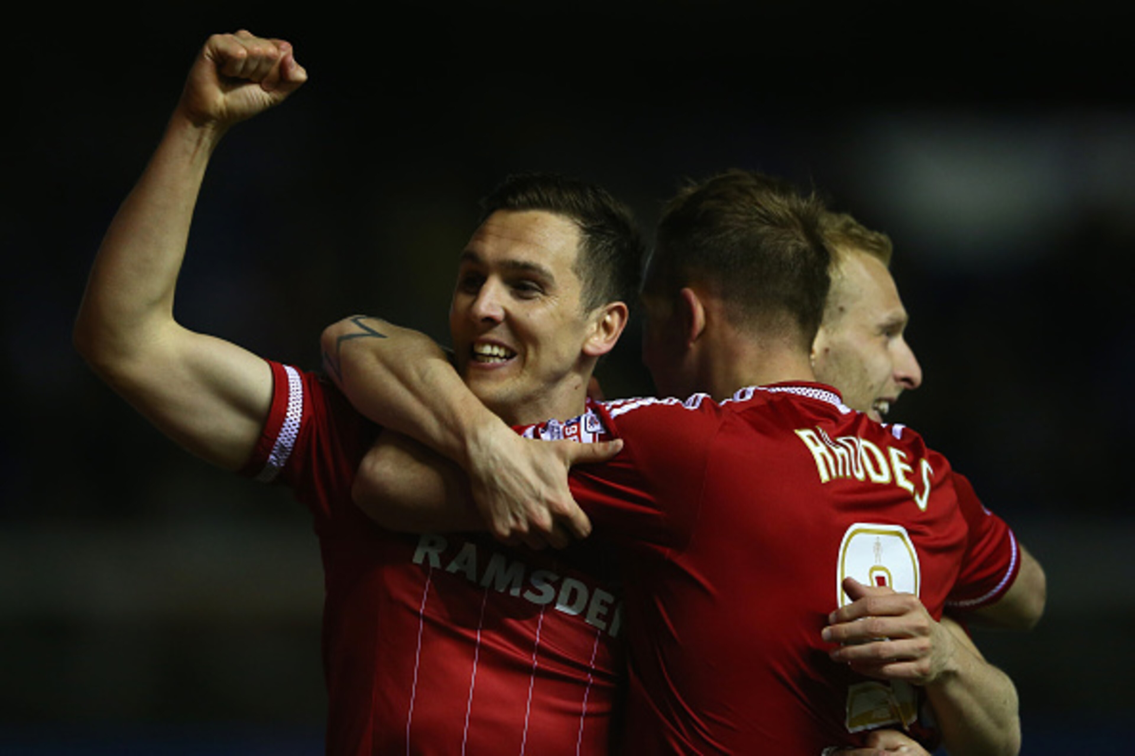 BIRMINGHAM, ENGLAND - APRIL 29: Grant Leadbitter, Stewart Downing and Jordan Rhodes of Middlesbrough celebrate their ides second goal during the Sky Bet Championship match between Birmingham City and Middlesbrough at St Andrews on April 29, 2016 in Birmi BIRMINGHAM, ENGLAND - APRIL 29: Grant Leadbitter, Stewart Downing and Jordan Rhodes of Middlesbrough celebrate their ides second goal during the Sky Bet Championship match between Birmingham City and Middlesbrough at St Andrews on April 29, 2016 in Birmi