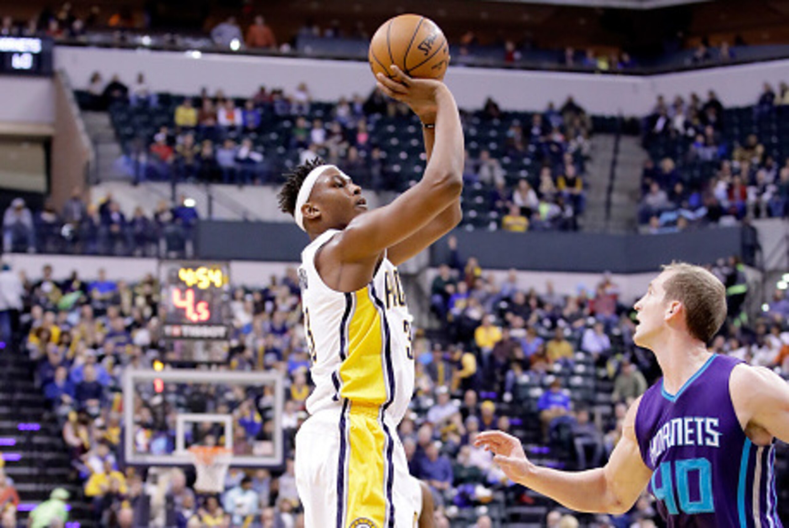 INDIANAPOLIS, IN - DECEMBER 12:  Myles Turner#33 of the Indiana Pacers shoots the ball during the game against the Charlotte Hornets at Bankers Life Fieldhouse on December 12, 2016 in Indianapolis, Indiana.   NOTE TO USER: User expressly acknowledges and 