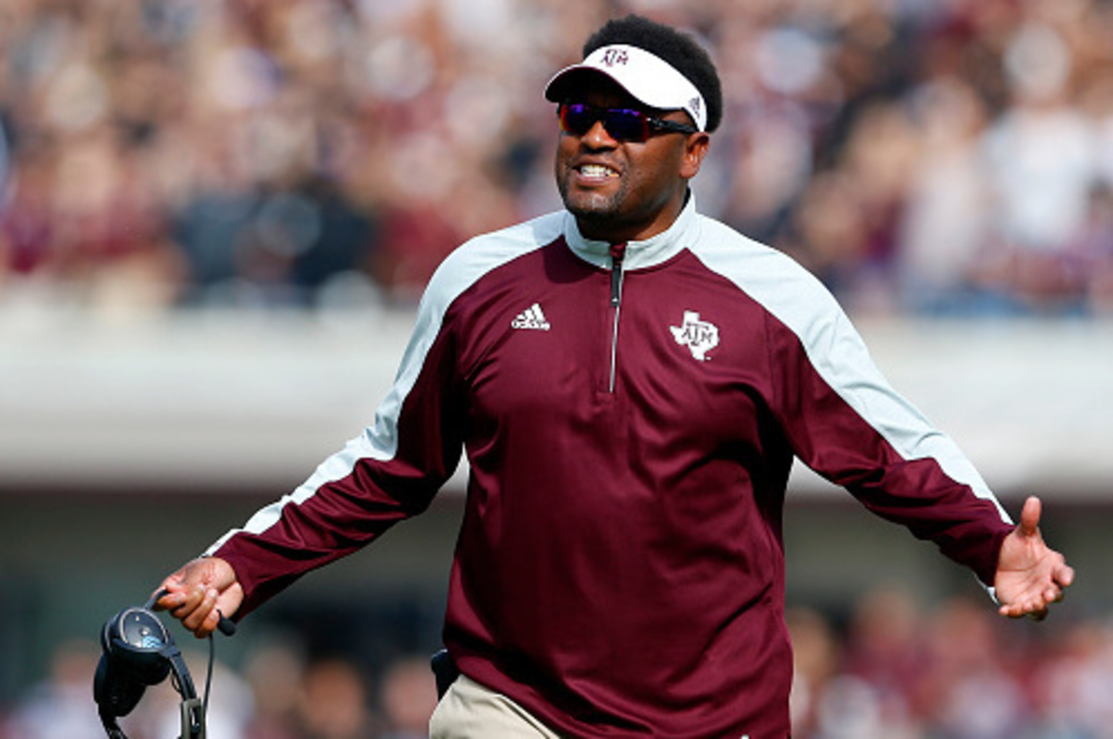 STARKVILLE, MS - NOVEMBER 5: Head coach Kevin Sumlin of the Texas A&M Aggies reacts to a call during the first half of an NCAA college football game against the Mississippi State Bulldogs at Davis Wade Stadium on November 5, 2016 in Starkville, Mississipp STARKVILLE, MS - NOVEMBER 5: Head coach Kevin Sumlin of the Texas A&M Aggies reacts to a call during the first half of an NCAA college football game against the Mississippi State Bulldogs at Davis Wade Stadium on November 5, 2016 in Starkville, Mississipp
