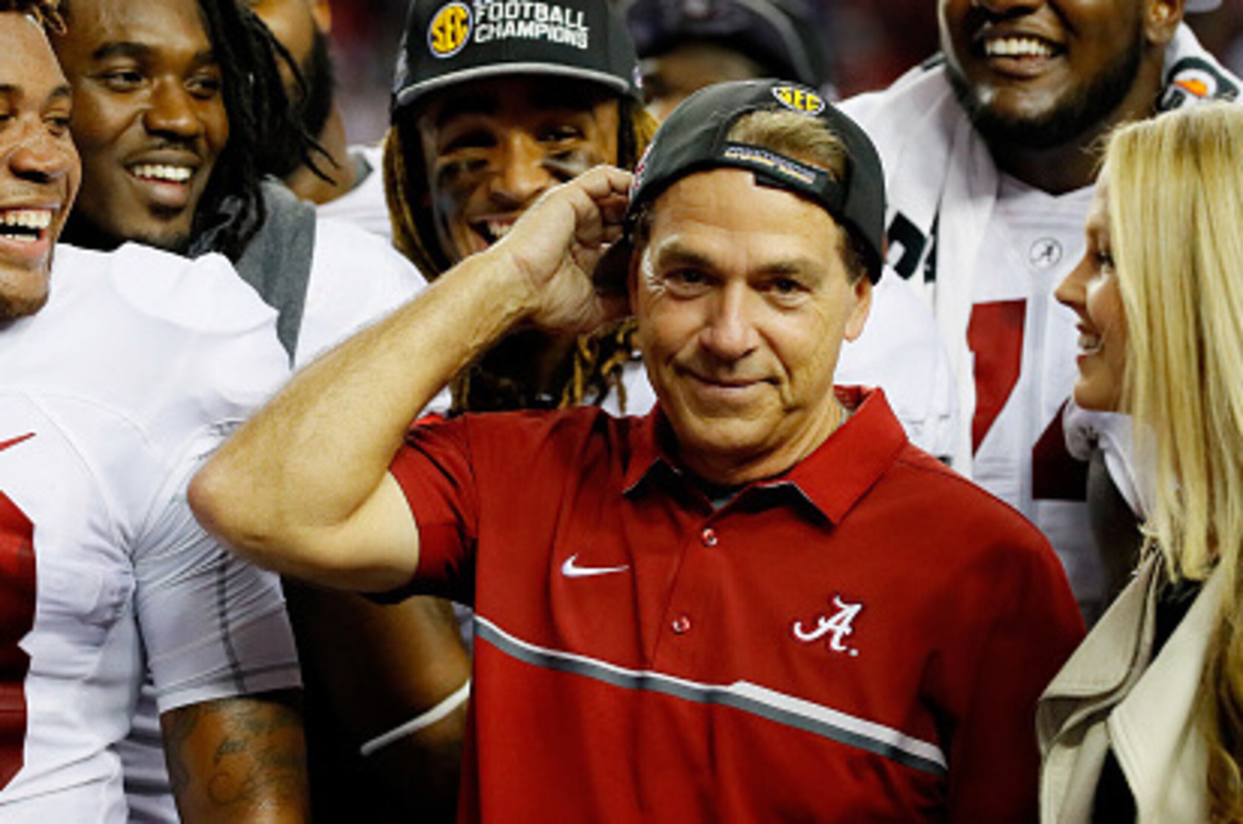 ATLANTA, GA - DECEMBER 03:  Head coach Nick Saban and ArDarius Stewart #13 of the Alabama Crimson Tide celebrate their 54 to 16 win over the Florida Gators during the SEC Championship game at the Georgia Dome on December 3, 2016 in Atlanta, Georgia.  (Pho