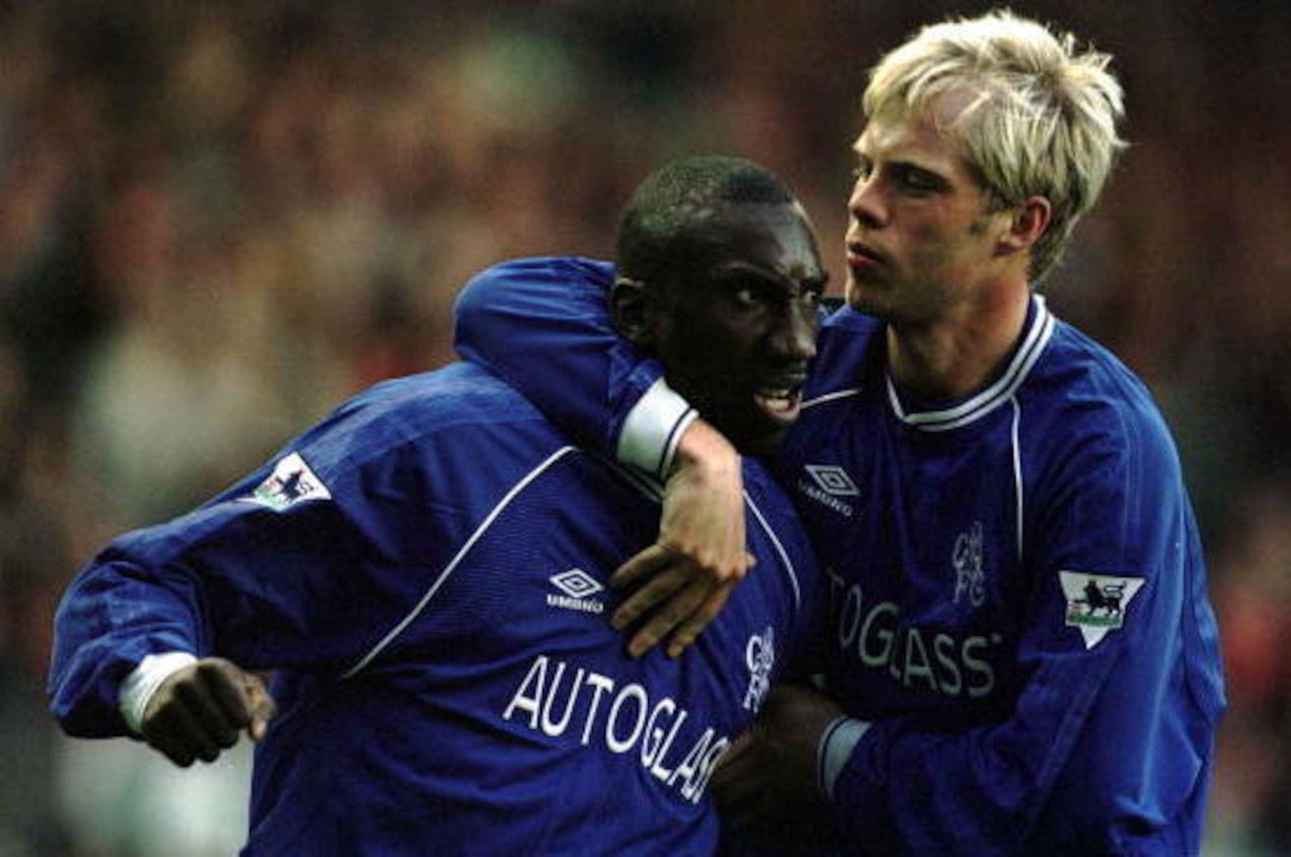 8 May 2001:  Jimmy Floyd Hasselbaink of Chelsea celebrates with Eidur Gudjohnsen after scoring Chelsea's first goal during the Liverpool v Chelsea FA Carling Premiership match at Anfield, Liverpool. Mandatory Credit: Alex Livesey/ALLSPORT