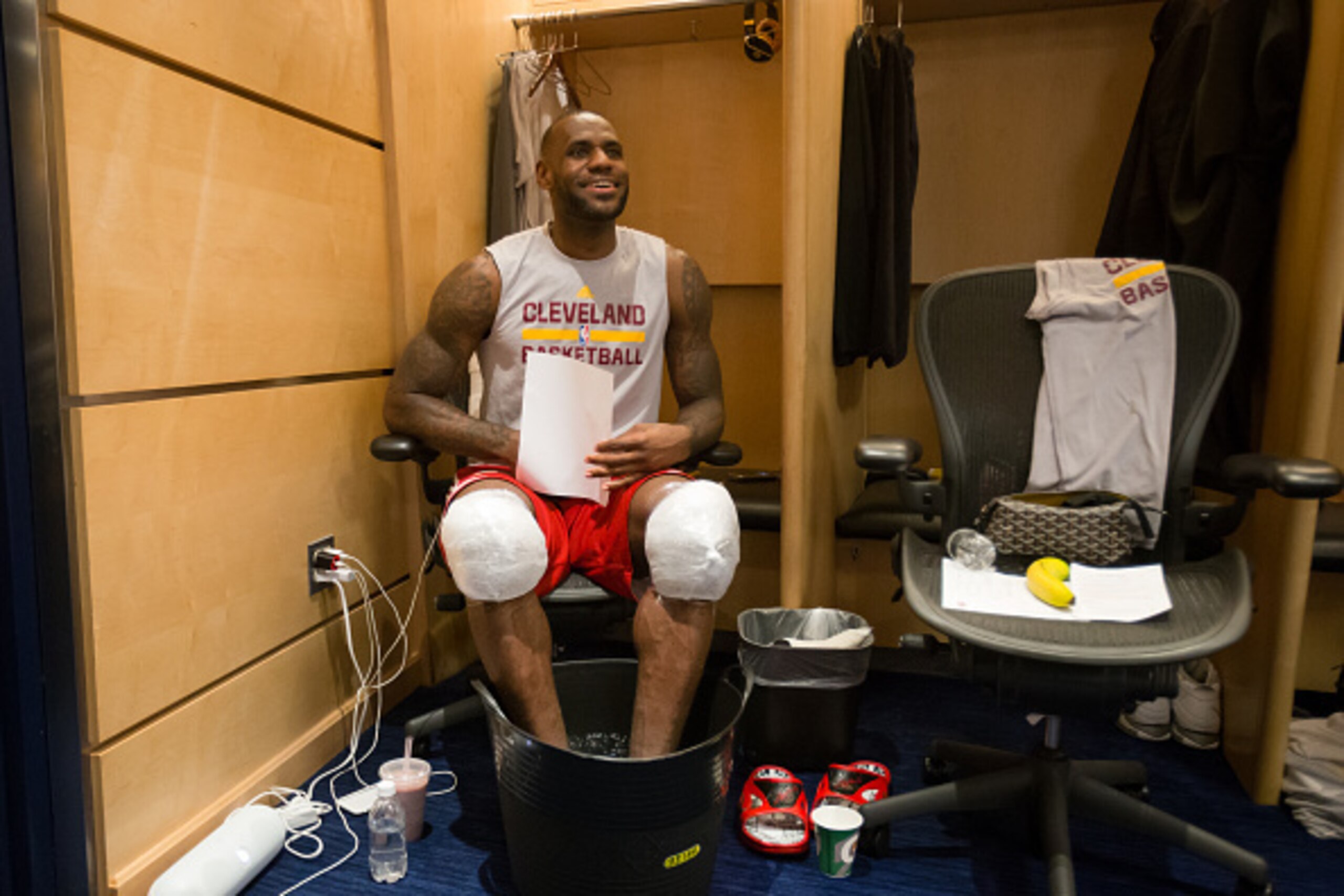 CLEVELAND, OH - MAY 25:  LeBron James #23 of the Cleveland Cavaliers sits in the locker room after the game against the Toronto Raptors in Game Five of the Eastern Conference Finals during the 2016 NBA Playoffs on May 25, 2016 at Quicken Loans Arena in Cl