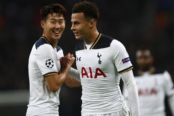LONDON, ENGLAND - DECEMBER 07: Dele Alli of Tottenham Hotspur (R) celebrates scoring his sides first goal with Heung-Min Son of Tottenham Hotspur (L) during the UEFA Champions League Group E match between Tottenham Hotspur FC and PFC CSKA Moskva at Wemble