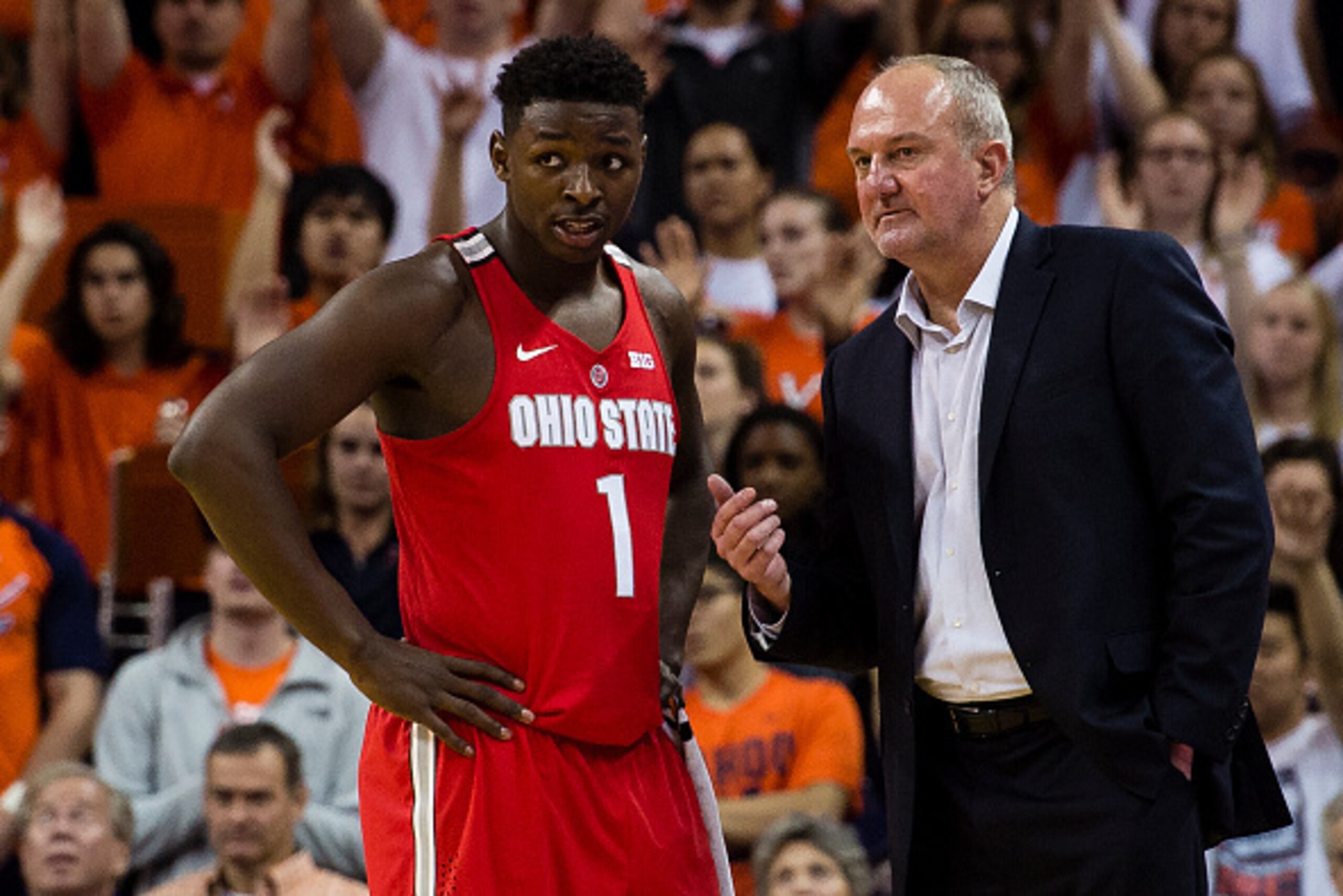 CHARLOTTESVILLE, VA - NOVEMBER 30: Ohio State Buckeyes head coach Thad Matta talks with Jae'Sean Tate #1 of the Ohio State Buckeyes during the second half of a game against the Virginia Cavaliers at John Paul Jones Arena on November 30, 2016 in Charlottes