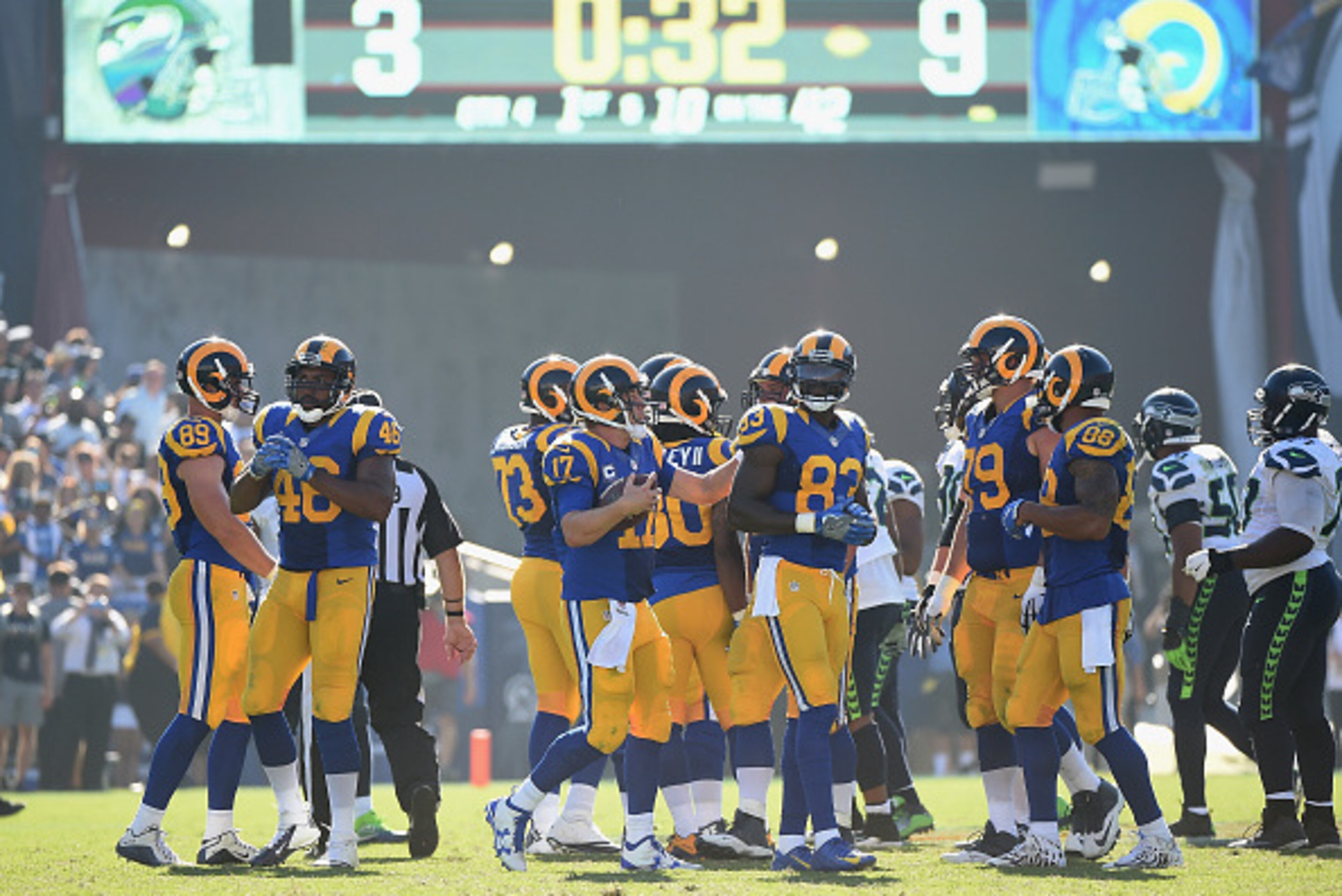 LOS ANGELES, CA - SEPTEMBER 18: Quarterback Case Keenum #17 of the Los Angeles Rams celebrates with his team after their 9-3 victory over the Seattle Seahawks in the home opening NFL game at Los Angeles Coliseum on September 18, 2016 in Los Angeles, Cali LOS ANGELES, CA - SEPTEMBER 18: Quarterback Case Keenum #17 of the Los Angeles Rams celebrates with his team after their 9-3 victory over the Seattle Seahawks in the home opening NFL game at Los Angeles Coliseum on September 18, 2016 in Los Angeles, Cali
