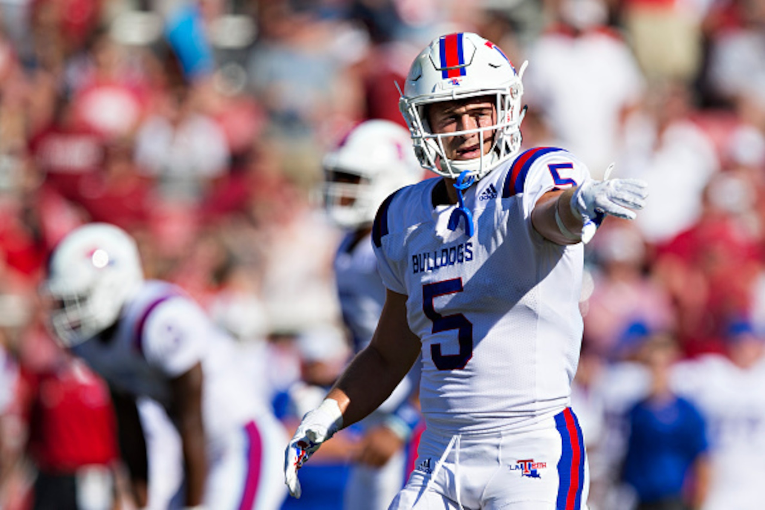 FAYETTEVILLE, AR - SEPTEMBER 3: Trent Taylor #5 of the Louisiana Tech Bulldogs lines up as a receiver during a game against the Arkansas Razorbacks at Razorback Stadium on September 3, 2016 in Fayetteville, Arkansas.  The Razorbacks defeated the Bulldogs 