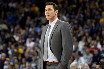 OAKLAND, CA - NOVEMBER 23:  Head coach Luke Walton of the Los Angeles Lakers looks on against the Golden State Warriors in the first half of their NBA basketball game at ORACLE Arena on November 23, 2016 in Oakland, California. NOTE TO USER: User expressl