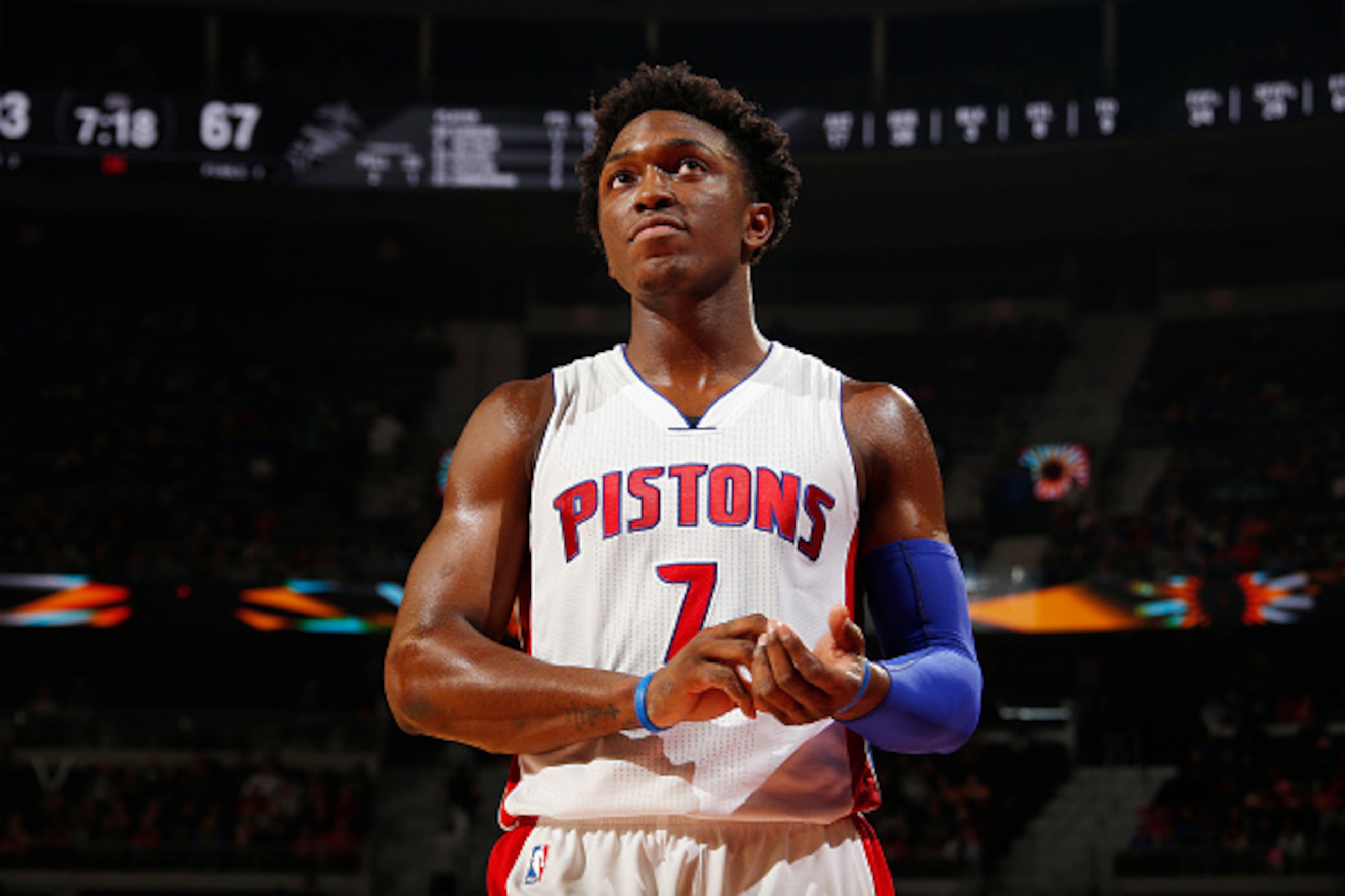 AUBURN HILLS, MI - OCTOBER 28: Stanley Johnson #7 of the Detroit Pistons is seen during the game against the Orlando Magic on October 28, 2016 at The Palace of Auburn Hills in Auburn Hills, Michigan. NOTE TO USER: User expressly acknowledges and agrees th