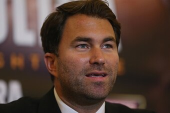 LONDON, ENGLAND - NOVEMBER 04:  Promoter Eddie Hearn talks to the press during the press conference to announce the fight between Anthony Joshua and Eric Molina at The Dorchester Hotel on November 4, 2016 in London, England.  (Photo by Alex Morton/Getty I