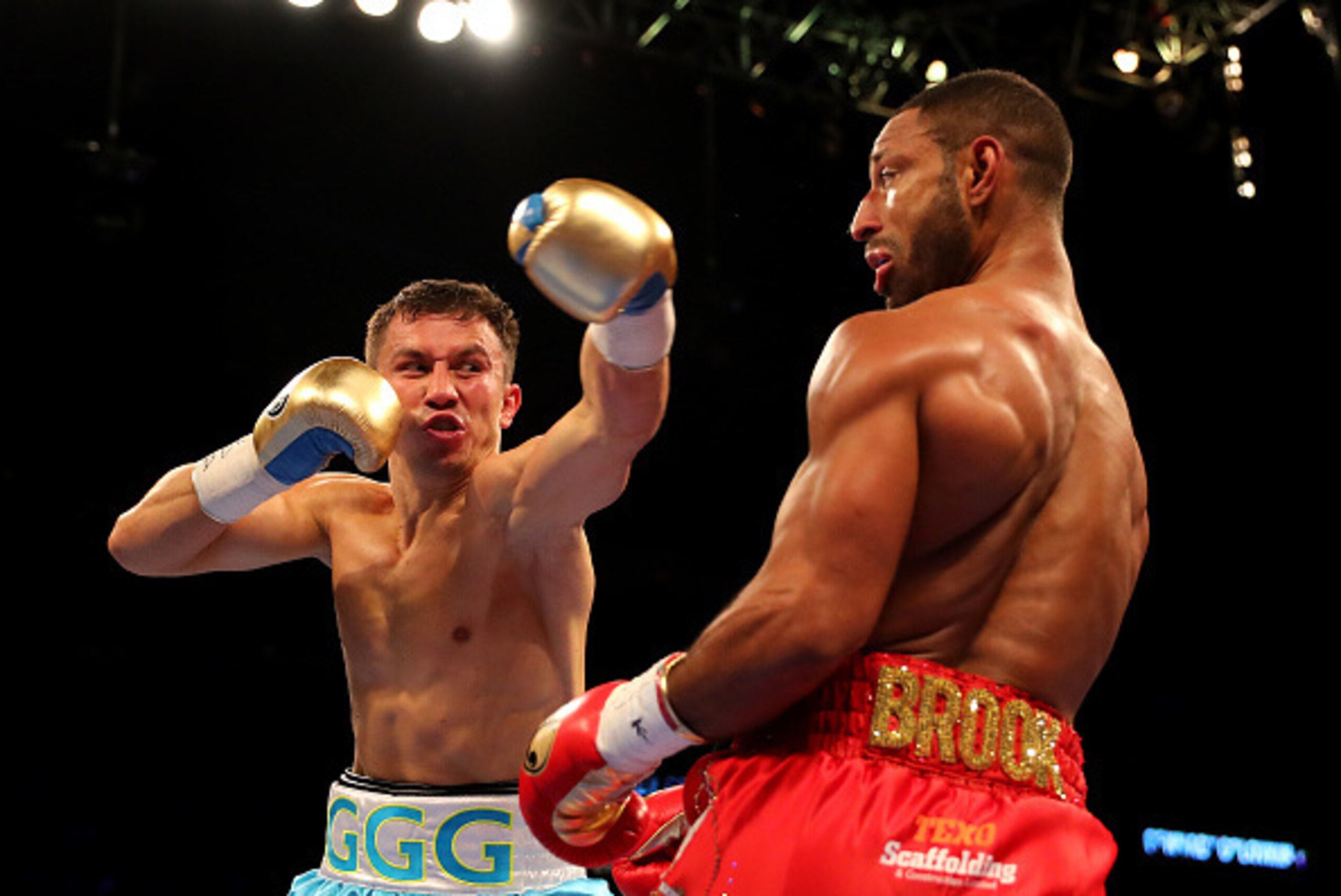 LONDON, ENGLAND - SEPTEMBER 10:  Gennady Golovkin (blue trunks) and Kell Brook (red trunks) in action during their World Middleweight Title contest at The O2 Arena on September 10, 2016 in London, England.  (Photo by Richard Heathcote/Getty Images)