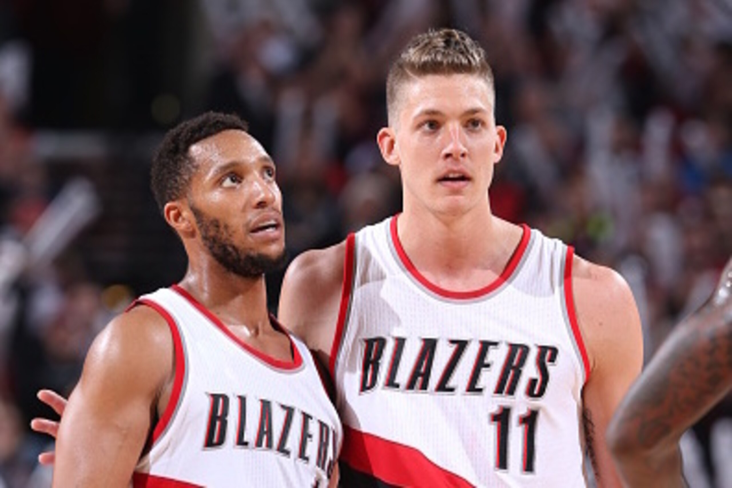 PORTLAND, OR - DECEMBER 3: Meyers Leonard #11 and Evan Turner #1 of the Portland Trail Blazers react during the game against the Miami Heat on December 3, 2016 at the Moda Center in Portland, Oregon. NOTE TO USER: User expressly acknowledges and agrees th