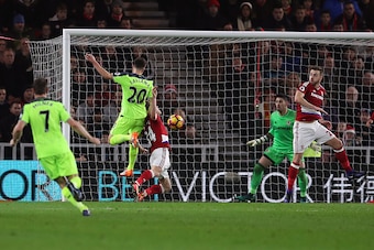 MIDDLESBROUGH, ENGLAND - DECEMBER 14: Adam Lallana of Liverpool scores the opening goal during the Barclays Premier League match between Middlesbrough and Liverpool at the Riverside Stadium on December 14, 2016 in Middlesbrough, England. (Photo by Chris B