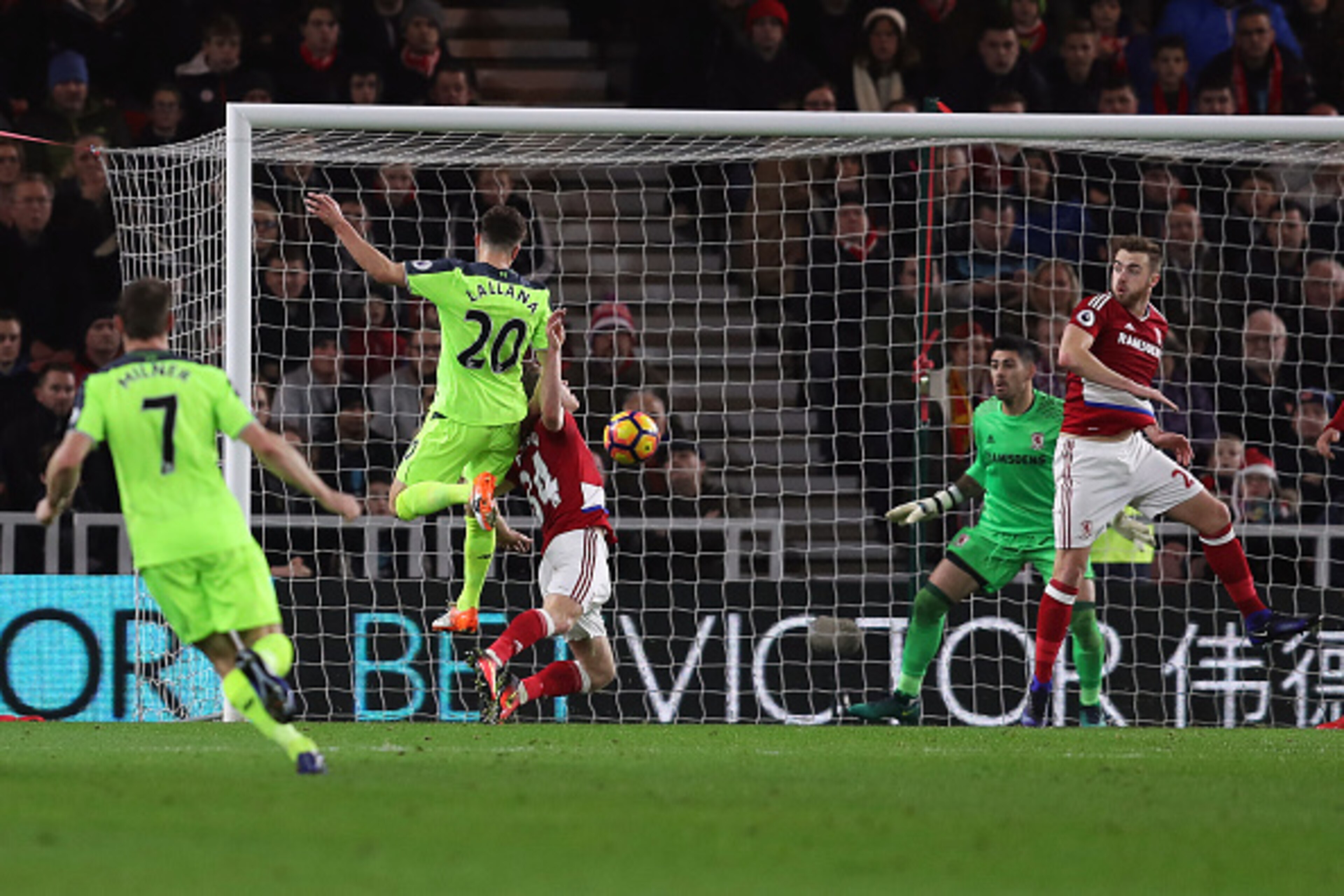 MIDDLESBROUGH, ENGLAND - DECEMBER 14: Adam Lallana of Liverpool scores the opening goal during the Barclays Premier League match between Middlesbrough and Liverpool at the Riverside Stadium on December 14, 2016 in Middlesbrough, England. (Photo by Chris B