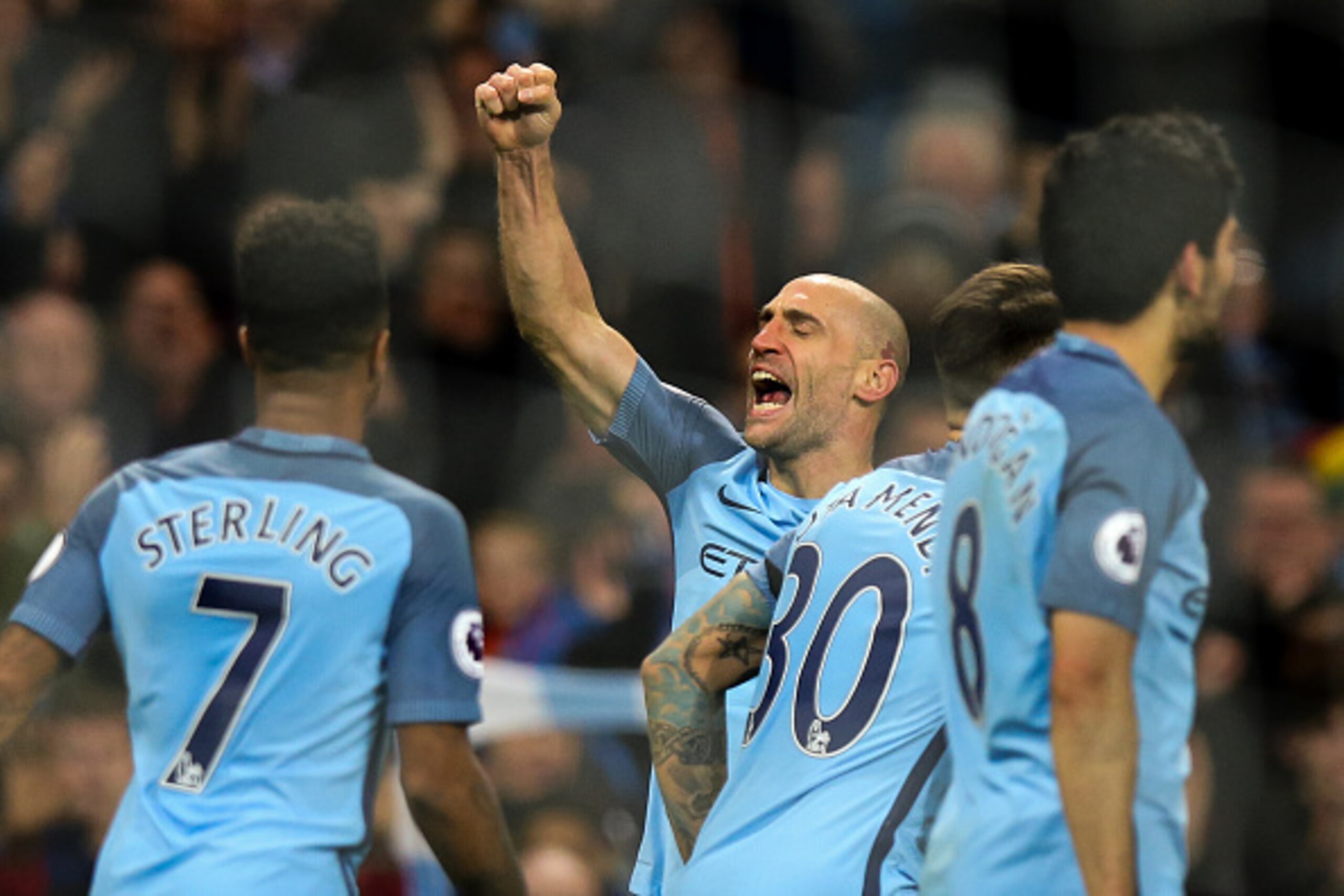 MANCHESTER, ENGLAND - DECEMBER 14: Pablo Zabaleta of Manchester City celebrates after scoring a goal to make it 1-0 during the Premier League match between Manchester City and Watford at Etihad Stadium on December 14, 2016 in Manchester, England. (Photo b
