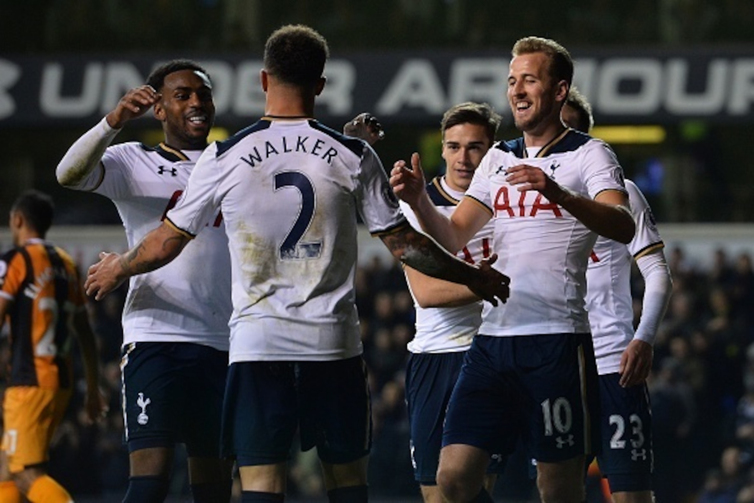 Tottenham Hotspur's English defender Danny Rose (L) Tottenham Hotspur's English defender Kyle Walker (C) and Tottenham Hotspur's English striker Harry Kane celebrate after Tottenham Hotspur's Danish midfielder Christian Eriksen scored his team's second go