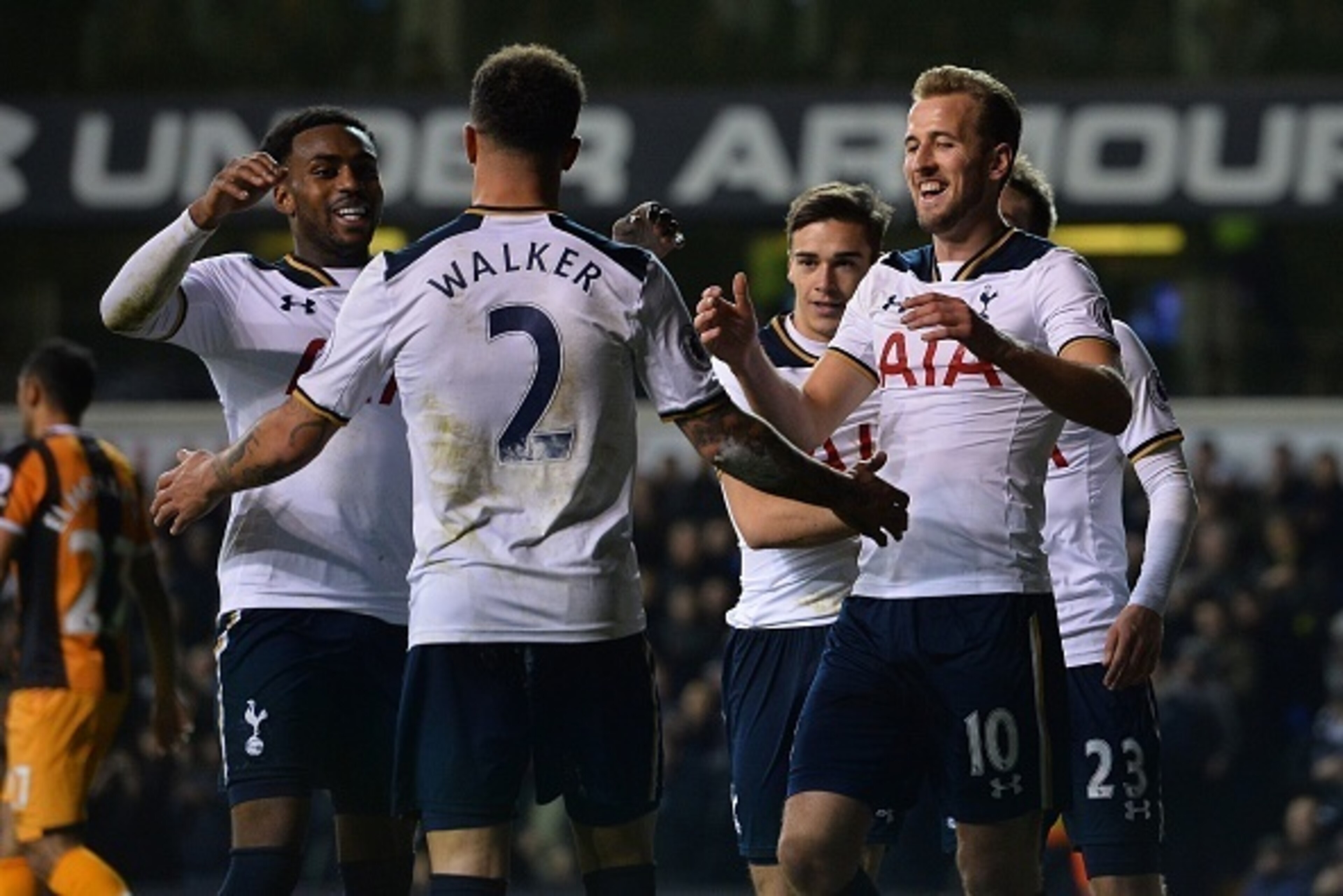 Tottenham Hotspur's English defender Danny Rose (L) Tottenham Hotspur's English defender Kyle Walker (C) and Tottenham Hotspur's English striker Harry Kane celebrate after Tottenham Hotspur's Danish midfielder Christian Eriksen scored his team's second go Tottenham Hotspur's English defender Danny Rose (L) Tottenham Hotspur's English defender Kyle Walker (C) and Tottenham Hotspur's English striker Harry Kane celebrate after Tottenham Hotspur's Danish midfielder Christian Eriksen scored his team's second go