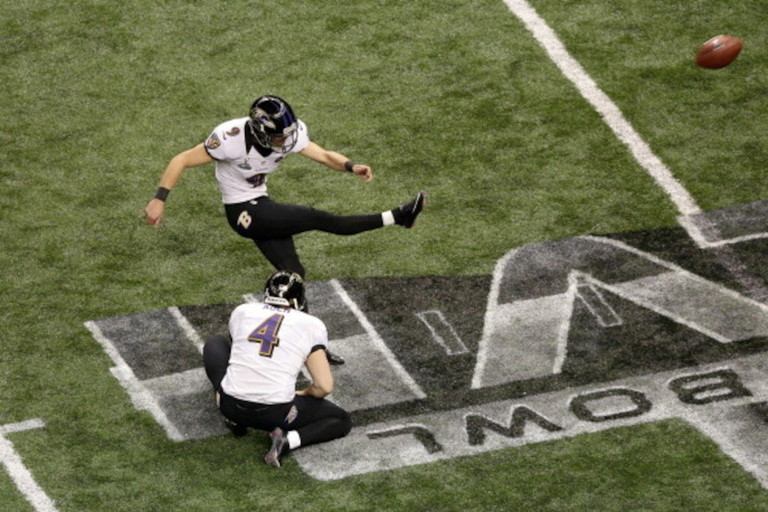 NEW ORLEANS, LA - FEBRUARY 03: Justin Tucker #9 of the Baltimore Ravens attempts a kick from the hold of Sam Koch #4 against the San Francisco 49ers during Super Bowl XLVII at the Mercedes-Benz Superdome on February 3, 2013 in New Orleans, Louisiana. (P NEW ORLEANS, LA - FEBRUARY 03: Justin Tucker #9 of the Baltimore Ravens attempts a kick from the hold of Sam Koch #4 against the San Francisco 49ers during Super Bowl XLVII at the Mercedes-Benz Superdome on February 3, 2013 in New Orleans, Louisiana. (P