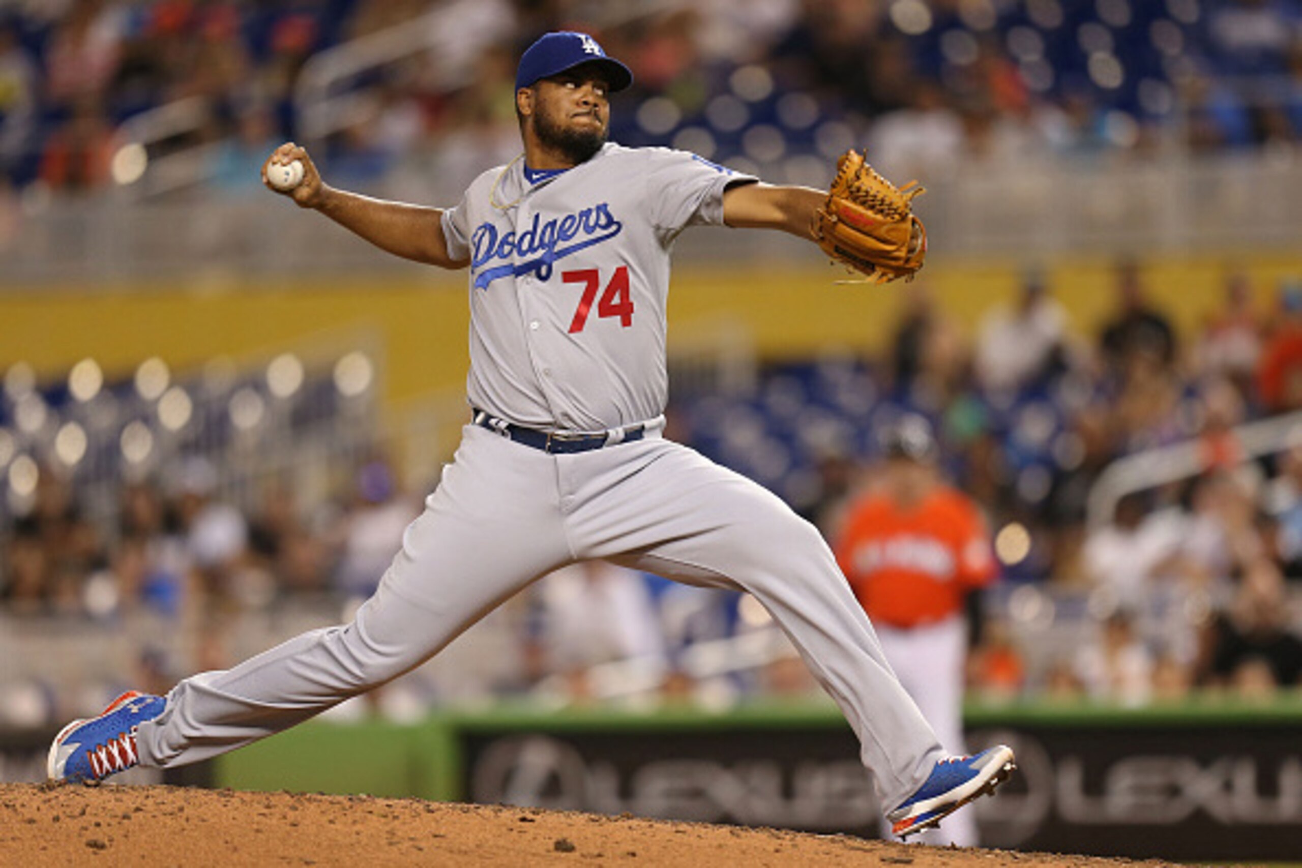 MIAMI, FL - JUNE 28: Kenley Jansen #74 of the Los Angeles Dodgers pitches during the ninth inning of the game against the Miami Marlins at Marlins Park on June 28, 2015 in Miami, Florida.  (Photo by Rob Foldy/Getty Images)