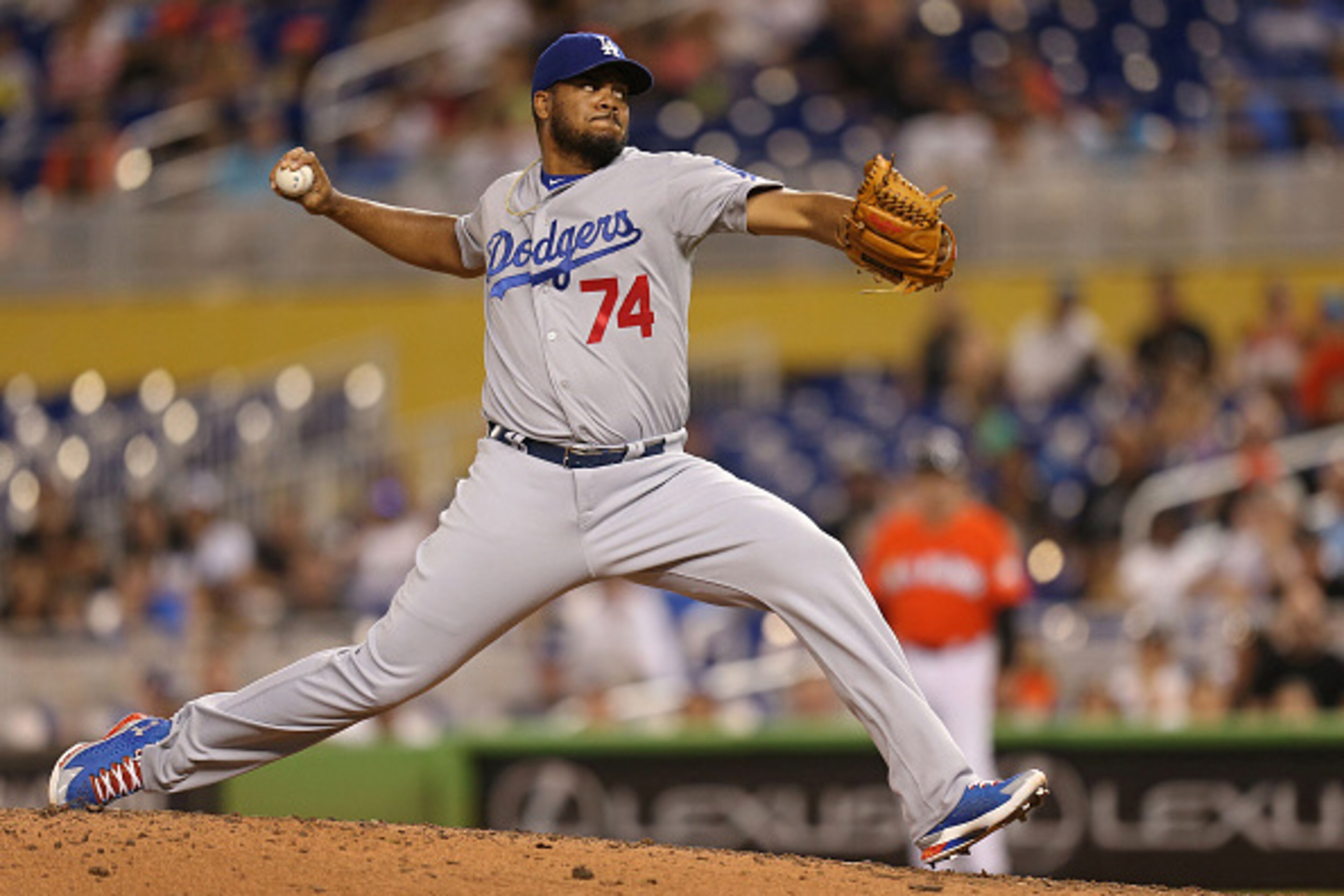 MIAMI, FL - JUNE 28: Kenley Jansen #74 of the Los Angeles Dodgers pitches during the ninth inning of the game against the Miami Marlins at Marlins Park on June 28, 2015 in Miami, Florida.  (Photo by Rob Foldy/Getty Images)