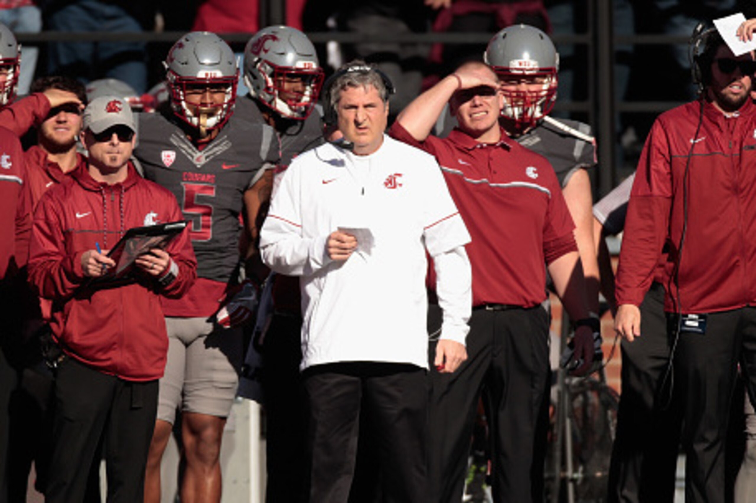 PULLMAN, WA - NOVEMBER 05:  Head coach Mike Leach of the Washington State Cougars looks on from the sidelines during the game against the Arizona Wildcats at Martin Stadium on November 5, 2016 in Pullman, Washington.  Washington State defeated Arizona 69-
